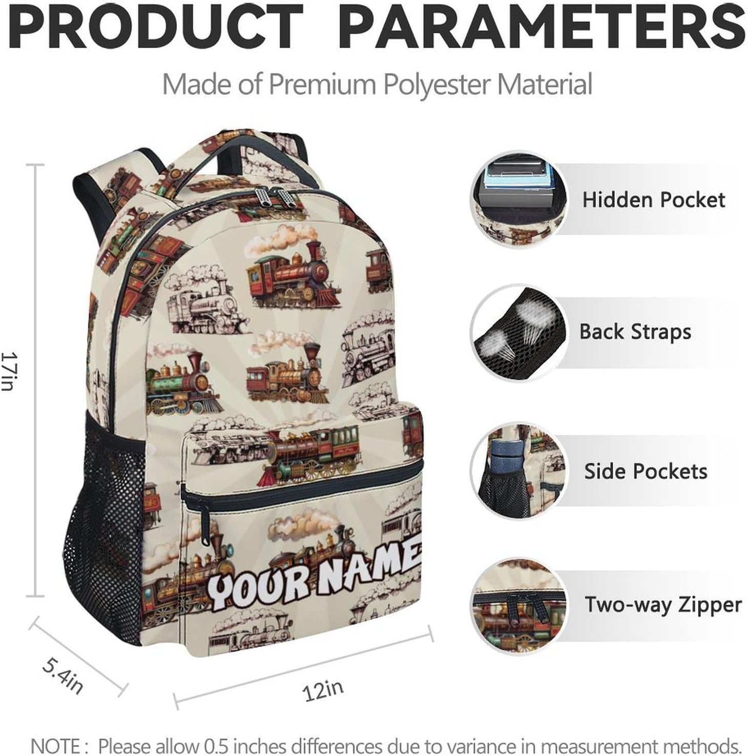 Customized Boys Backpack with Name - 17 Inches Personalized Train Bookbag for Kindergarten - Vintage Train Backpacks for School, Travel