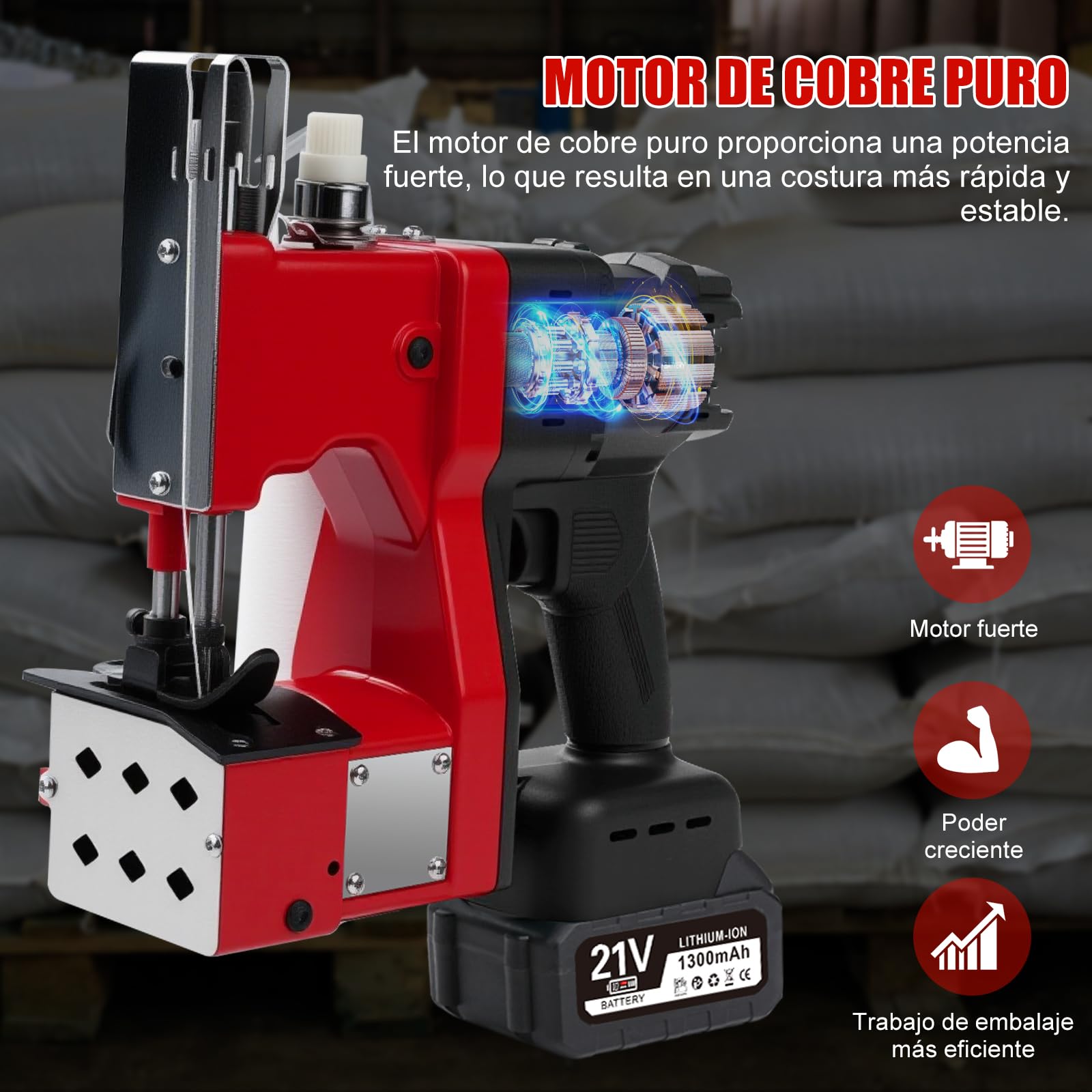 Máquina de Coser Bolsas Eléctrica, 21V maquina coser sacos portatil de Mano con 2 baterías 1300mAh, 210W Selladora Eléctrica Sacos inalámbrica, grosor 0.2-10 mm, para sacos tela saco arenas saco yute