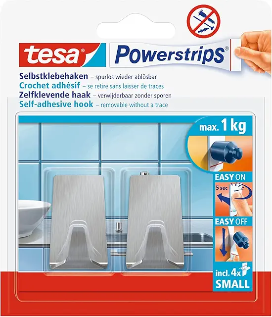 Tesa Powerstrips Small Metal Corner Hooks - Adhesive Wall Hooks for Glass, Tiles, Wood