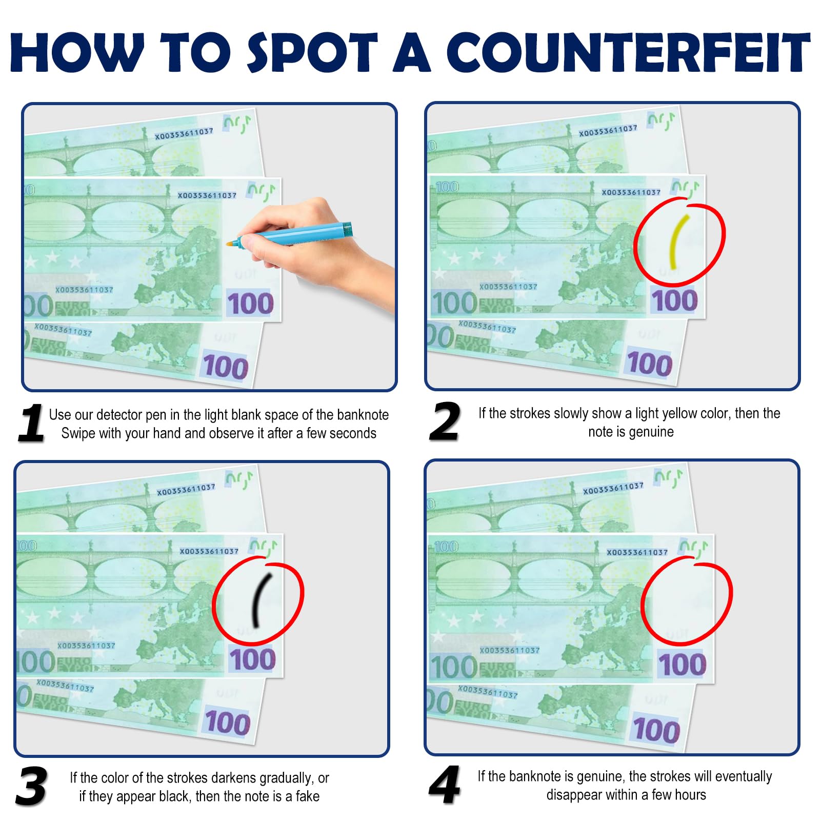 Bolígrafos Detectores de Billetes Falsos con Luz UV, Detector Portátil para Euros, Dólares, Libras