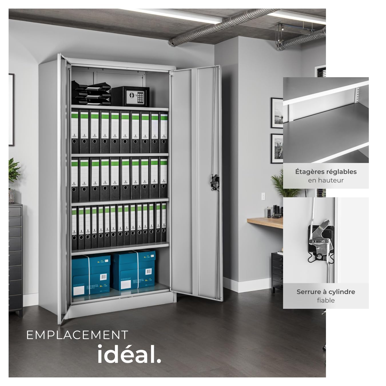 tectake Armoire de Bureau métallique 90 x 40 x 180 cm avec Serrure Rangement Bureau avec 5 Compartiments pour Classeur Rangement Documents Industriel Meuble 2 Portes, 4 Étagères Réglables en Hauteur