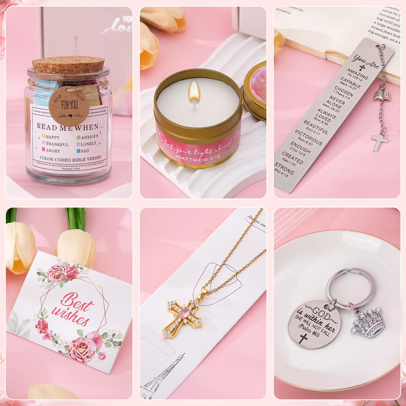 Christian Gifts for Women Religious Catholic Inspirational Gifts for Women Birthday 9PCS Baptism Spiritual Faith Gift Set Include Bible Verse Jar Christian Bookmark Keychain Tote Bag Necklace Mugs