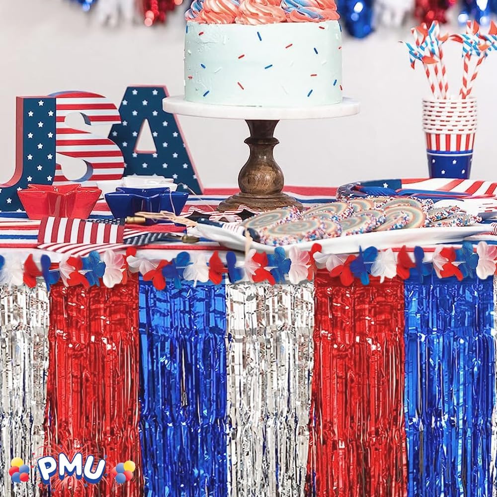 PMU Patriotic Stars and Stripes American Flag Table Skirt, 4th of July Decorations, Patriotic Party Tableware for Holidays, Decoration, Veterans, Election & Independence Day, (3/Pkg) Pkg/1