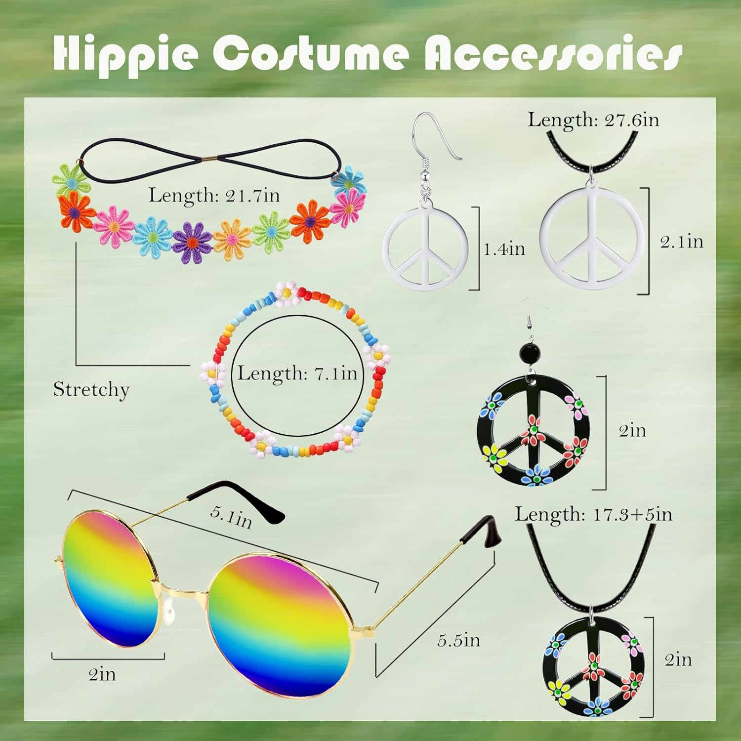 Hippie Costume Accessories for Women Peace Sign Earrings Necklace Flower Headband Sunglasses 60s 70s Accessories - Image 6
