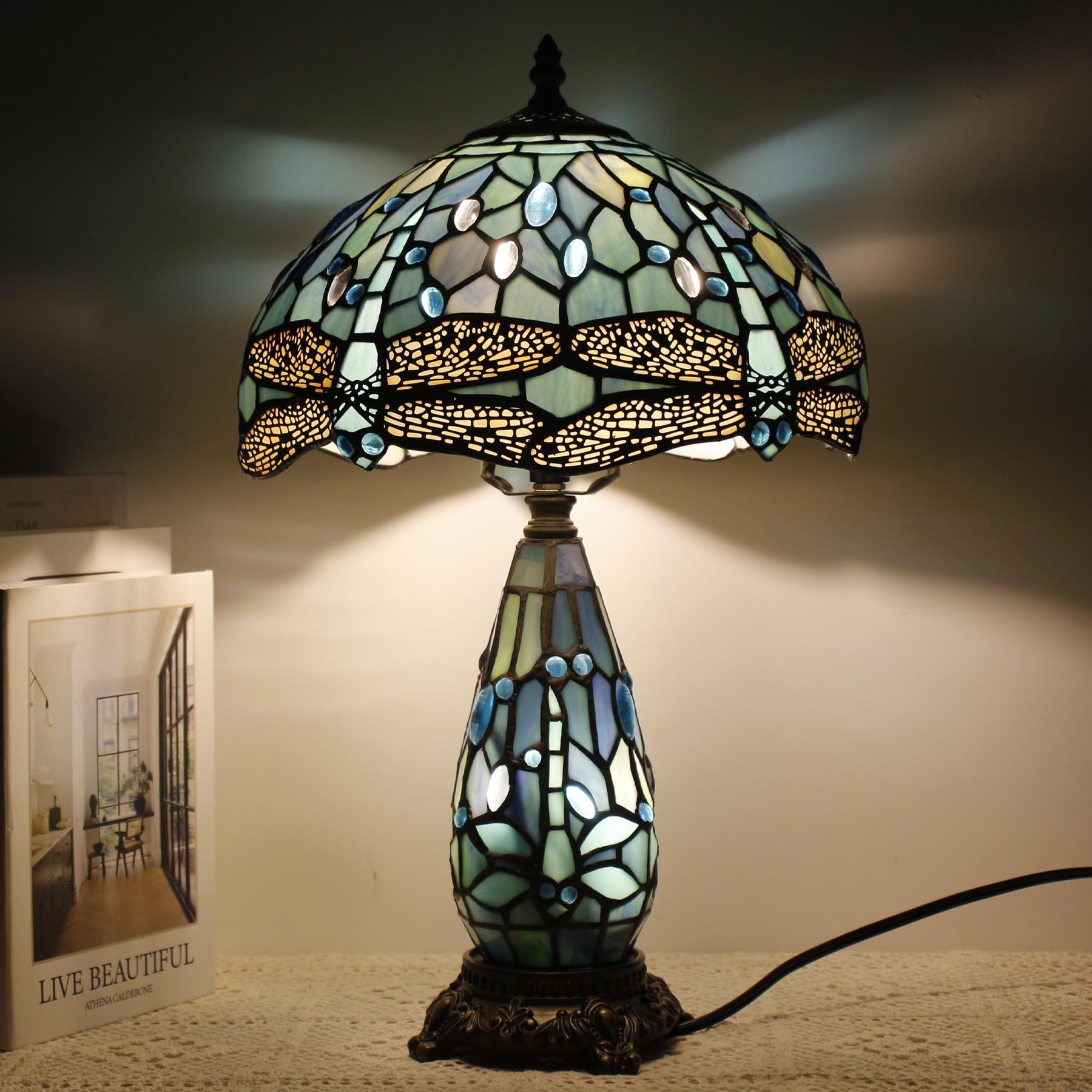 TCODTPOL Tiffany Stained Glass Table Lamp 12X19 Inches,Blue Dragonfly