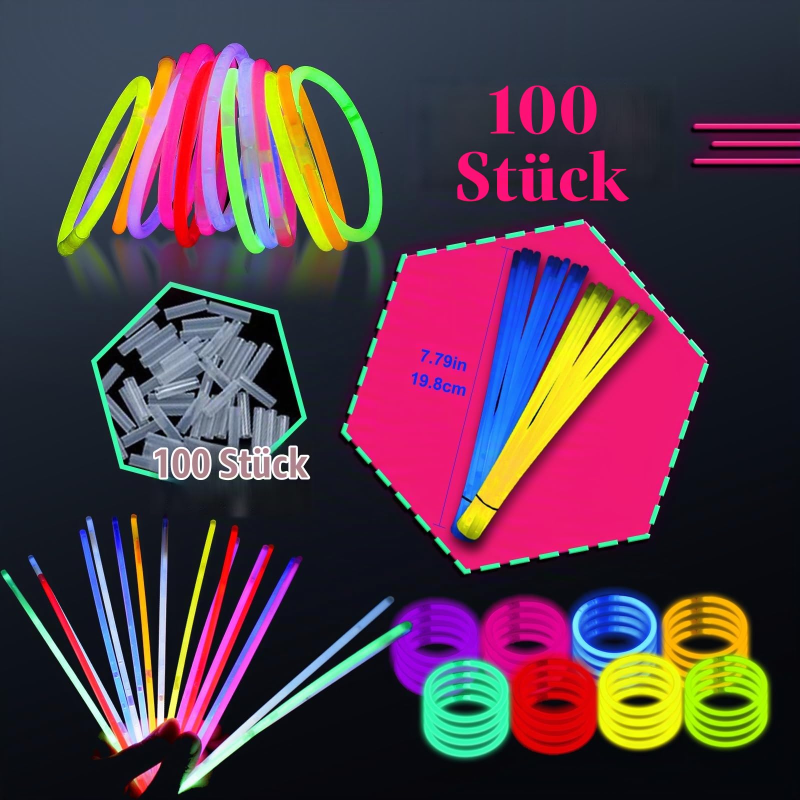 RMIVEGLIA Knicklichter Party Set – 100 Stück Glow Sticks Leuchtstäbe mit Verbindern, Bunte Knicklichter Kinder Armbänder, Leuchtende Party Gadgets für Festival, Geburtstag & Events Küche, Haushalt & Wohnen