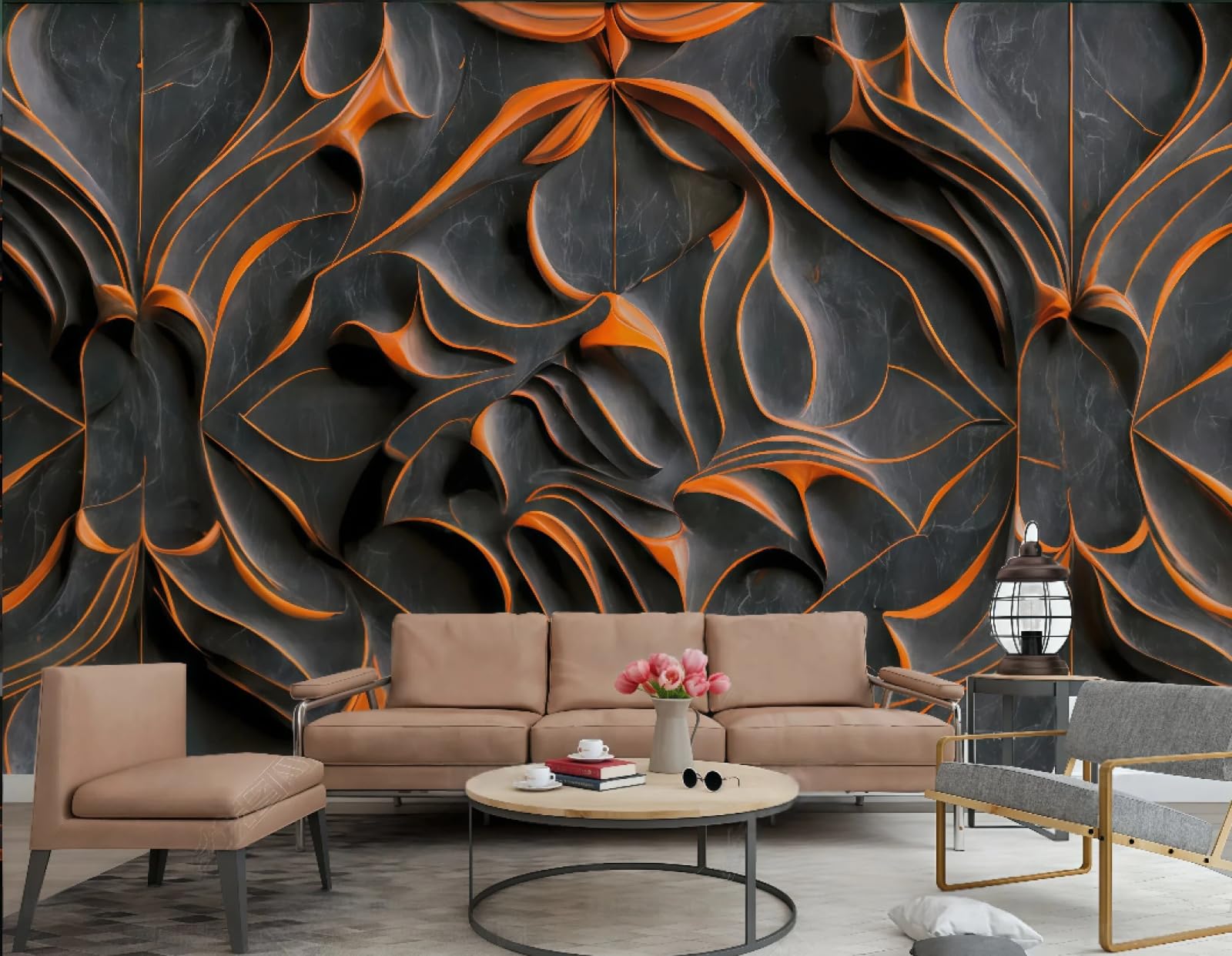 Tapeta sztuka nowoczesna rzeźba pomarańczowe płatki ulga abstrakcyjny czarny marmurowy wzór TV sofa tło tapeta ścienna salon restauracja kawiarnia mural, 3D, 250 x 175 cm