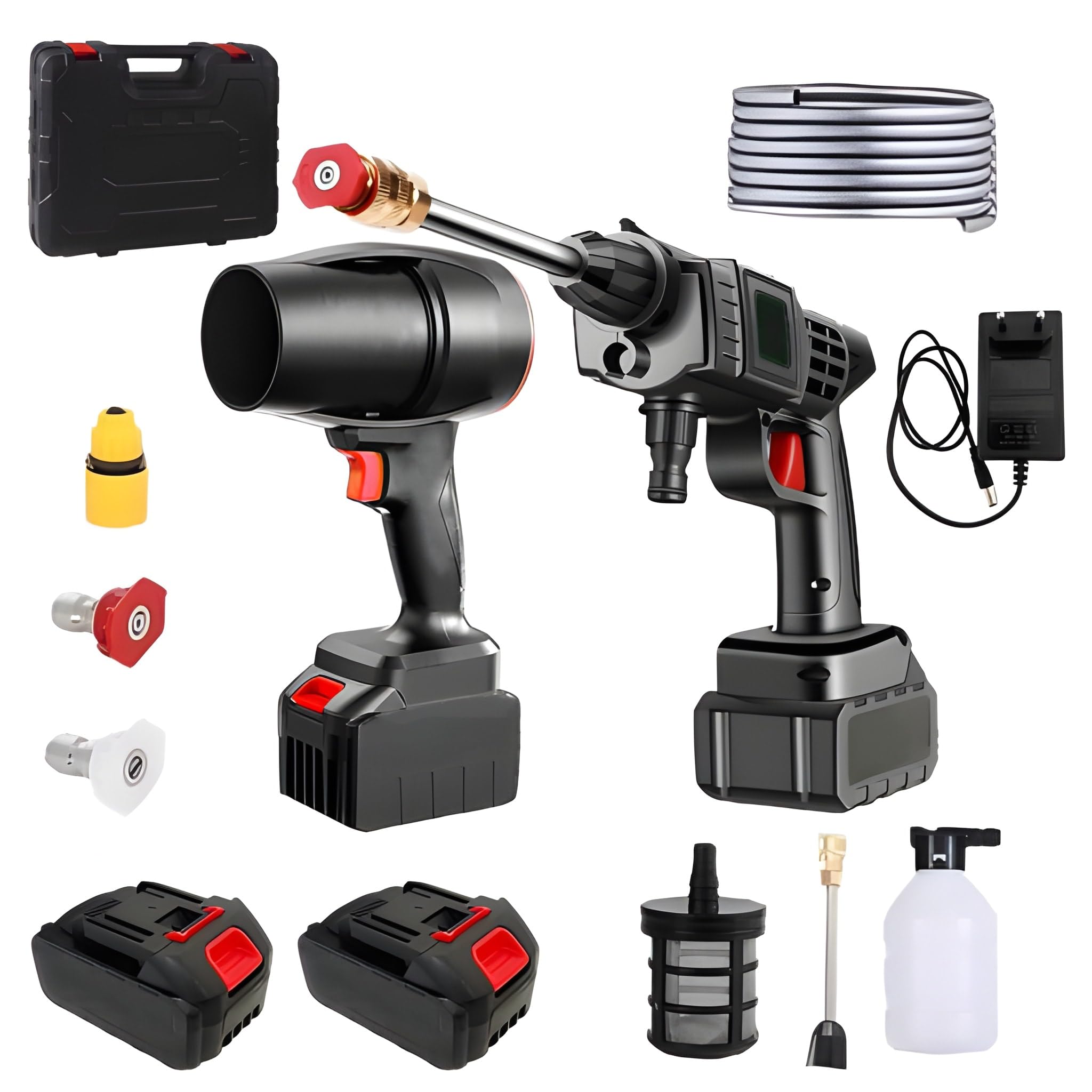 Kit Idropulitrice Soffiatore Portatile Elettrica ad Alta Pressione con 2 Batterie da 48V e Accessori Fresa per Pulizia Auto Giardino e Superfici Esterne Soffiatore Polvere e Foglie