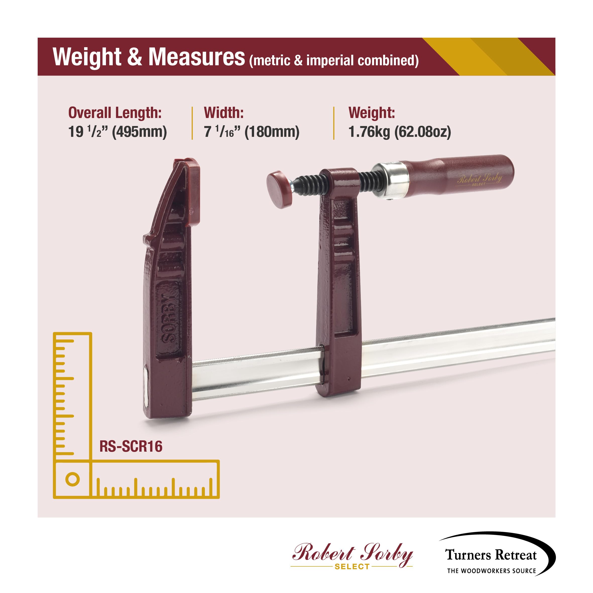 Robert Sorby Select Morsetto a Vite Professionale da 16" 400 mm per Falegnameria, Forza di Serraggio 300 kgf, Profondità 120 mm, Testa Scorrevole, Corpo in Ghisa e Barra Nichelata