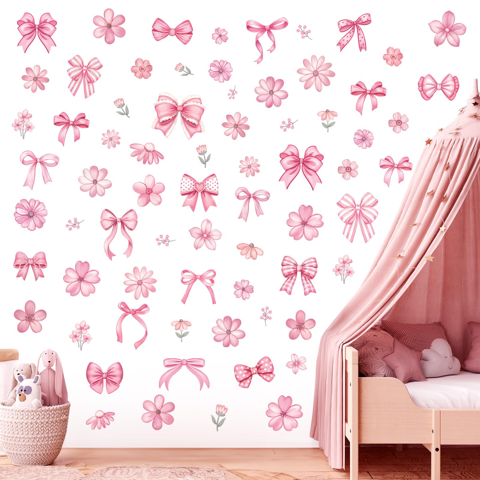 decalmile Pink Flower Bow Wall Stickers Watercolor Bow Knot Wall Decals Baby Nursery Bedroom Girls Room Wall Decor - Image 2