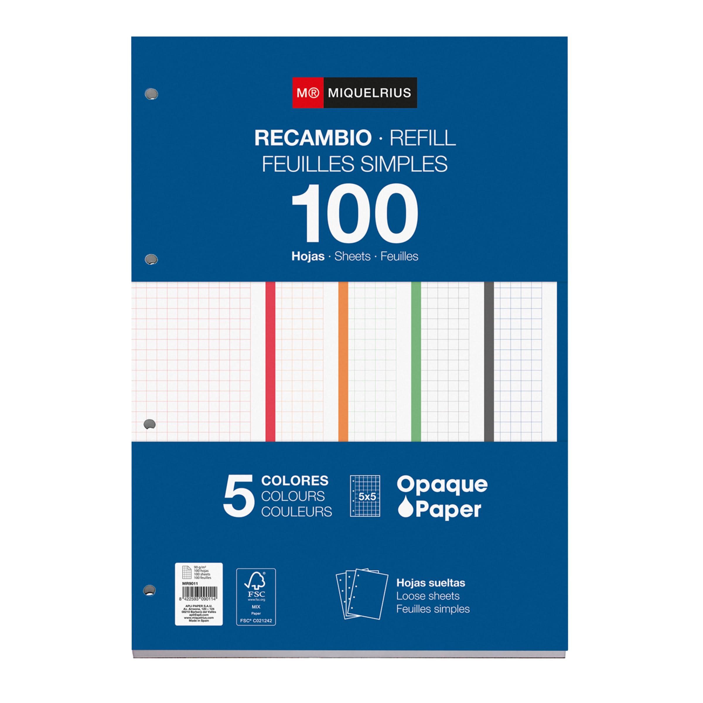 Miquelrius – blok do uzupełniania, 5 pasków w wyrazistych kolorach, 100 arkuszy, w kratkę, 5 mm, rozmiar A4, papier 90 g, z 4 otworami