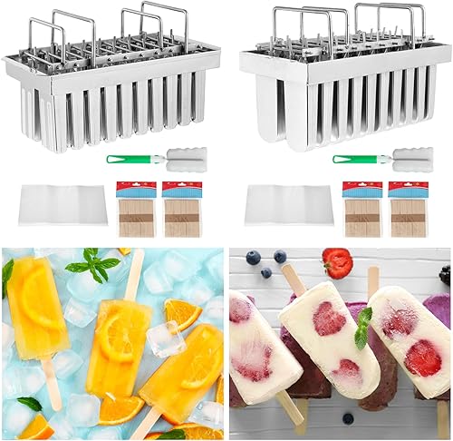 WICHEMI Moldes de acero inoxidable para paletas de hielo, 20 moldes de metal para paletas de hielo, soporte para moldes con tapa (cabeza plana con