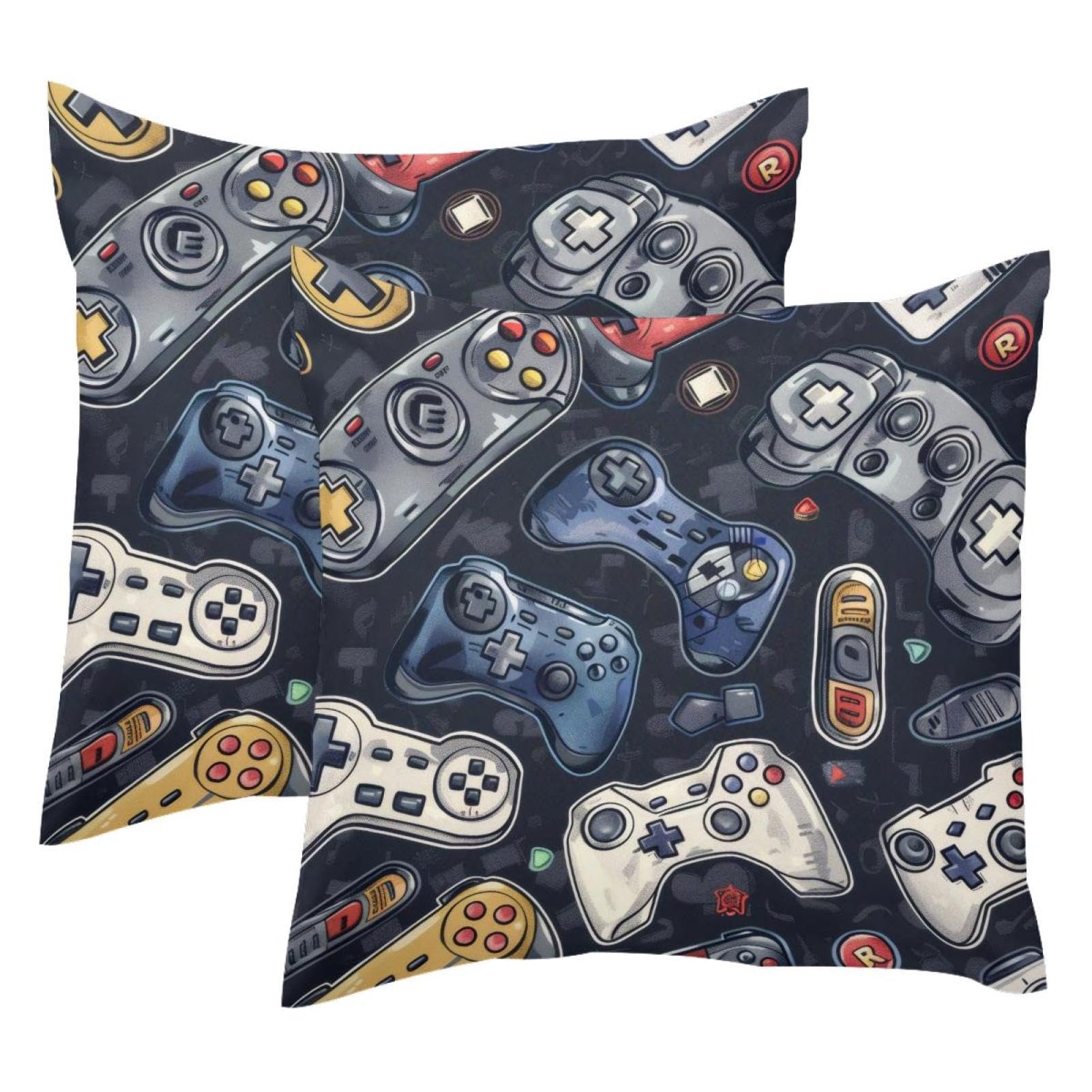 Housse de coussin velours 50x50 cm gris blanc motif manette de jeu premium