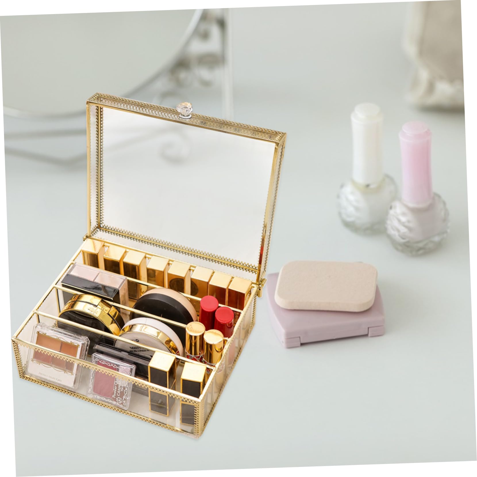 Boîte de Rangement Cosmétique Couvercle Verre Alliage