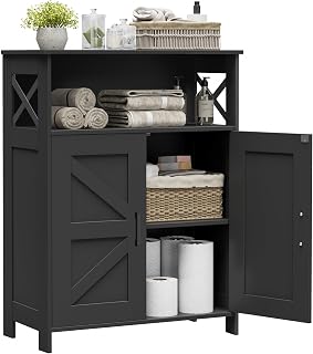 Homhedy Farmhouse Black Bathroom Storage Cabinet, 2 Doors Adjustable Shelves Toilet Paper Holder 11.8x23.6x31.5in