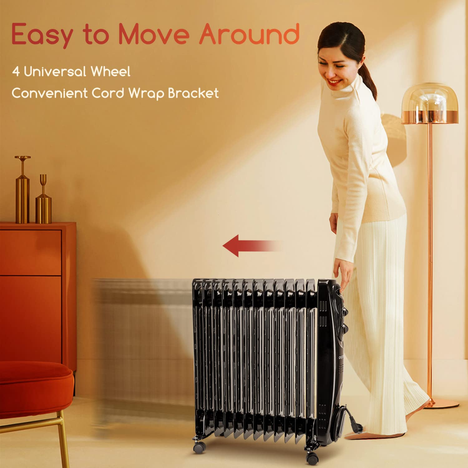 Aigostar Ölradiator 2500 Watt, 13 Rippen Mobile Elektroheizung | 3 Heizstufen, Energiesparend Öl Radiator Elektrisch Tragbare Ölgefüllte Heizgeräte, Thermostat, Kipp & Überhitzungsschutz