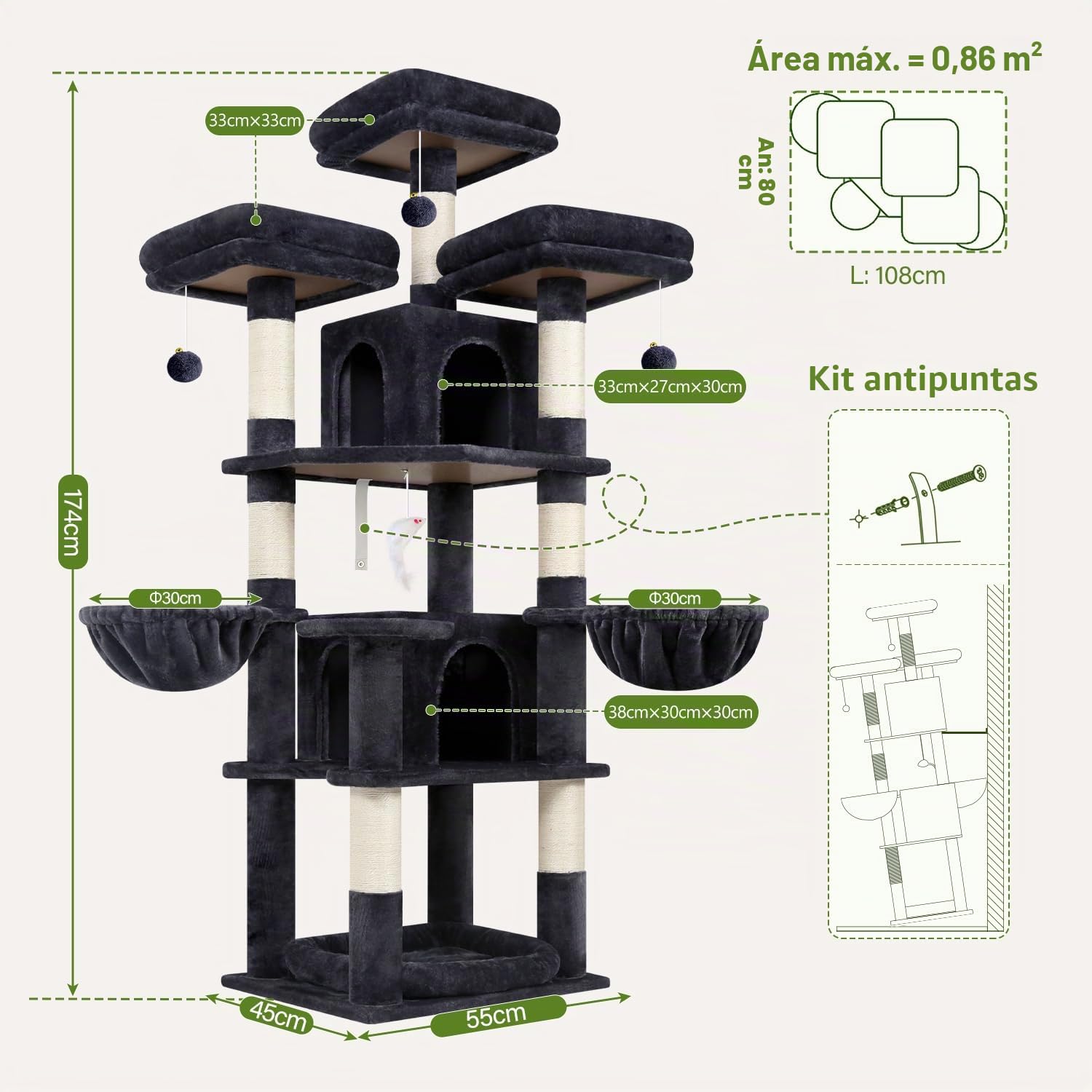 Globlazer Árbol para Gatos 174 cm con 3 Perchas Acolchadas, 2 Nidos, 2 Cesta, Cama Mascotas Extraíble, Postes de Sisal, Estable Castillo Rascador para 2-4 Gatos Adultos Interior (F68B, Gris Oscuro)