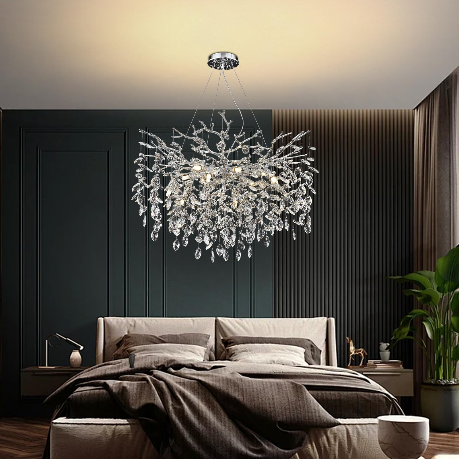 AHXIAOZN Luxury Tree Branch Kronleuchter, Modern Kronleuchter Kristall Leuchte, Große Luxus Kristall Pendelleuchte, Raindrop Leuchte, für Esszimmer, Wohnzimmer (Silber 80cm)