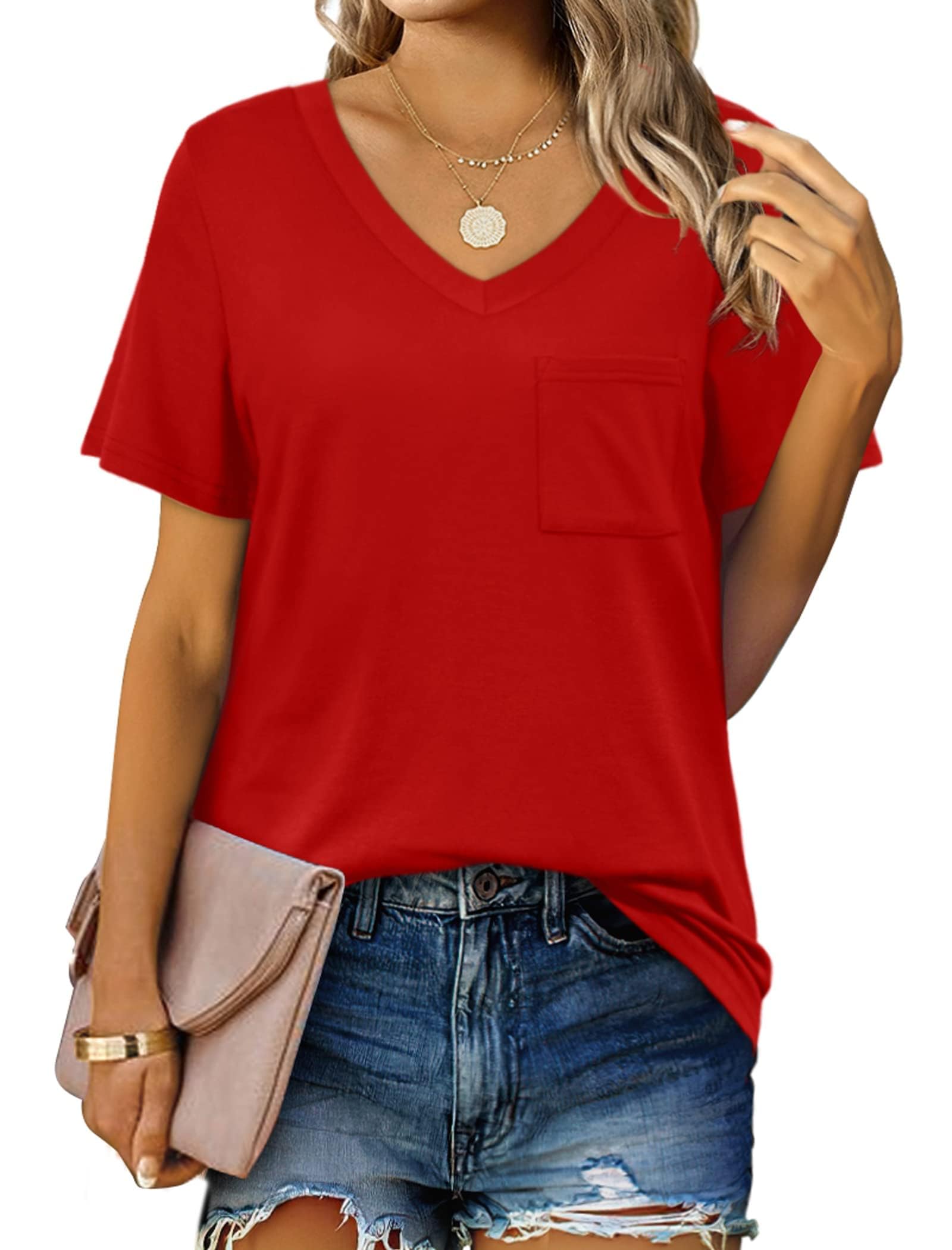 Suncife Lässiges Sommer-T-Shirt für Damen, kurzärmelig, V-Ausschnitt, T-Shirt mit Tasche