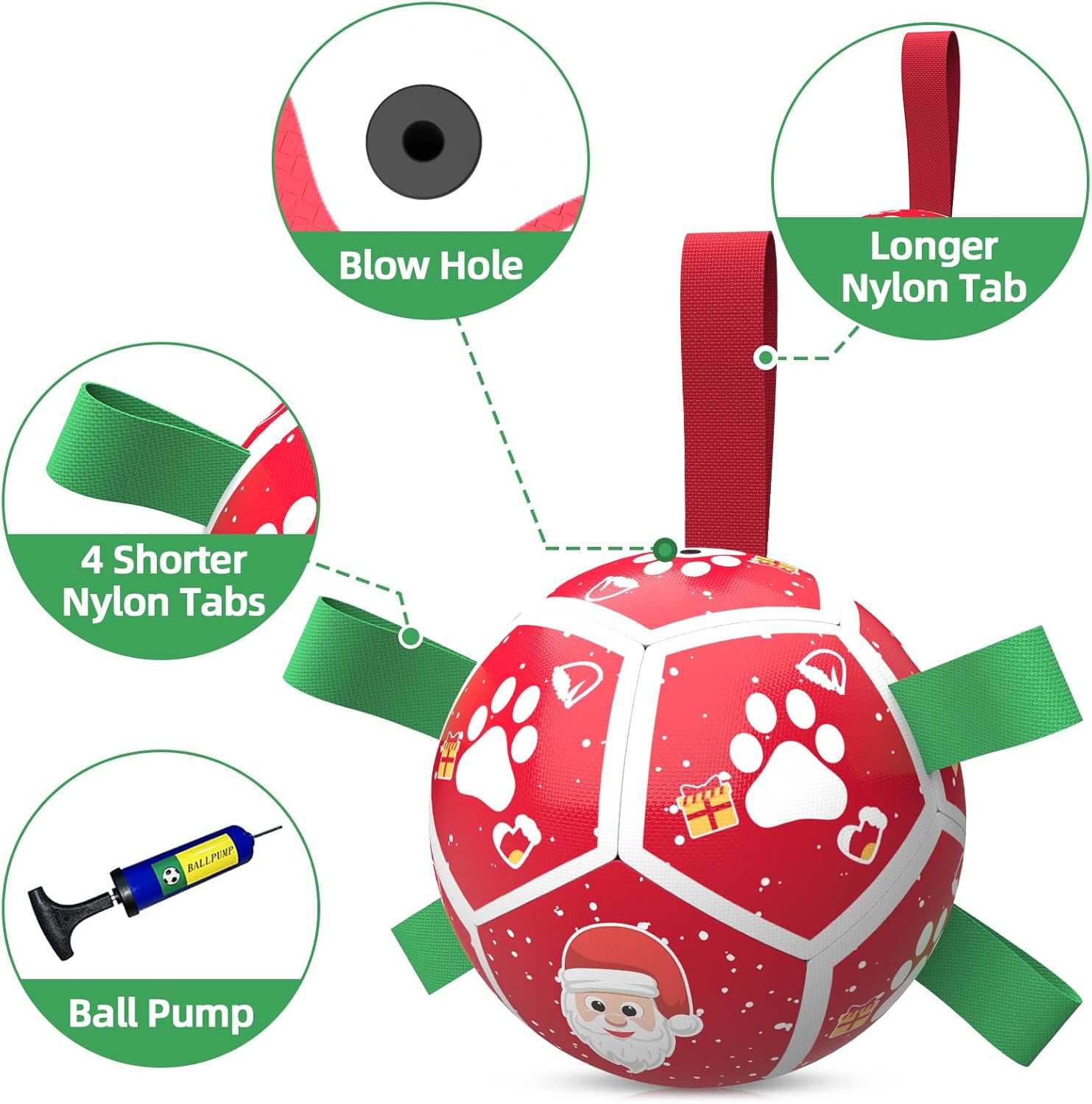 QDAN Small Christmas Dog Toys, Soccer Ball with Straps, Outdoor Interactive Toys for Tug of War, Puppy Birthday Gifts, Water Toy, Durable Dog Balls for Puppy (5 Inch) (Pack of 2)