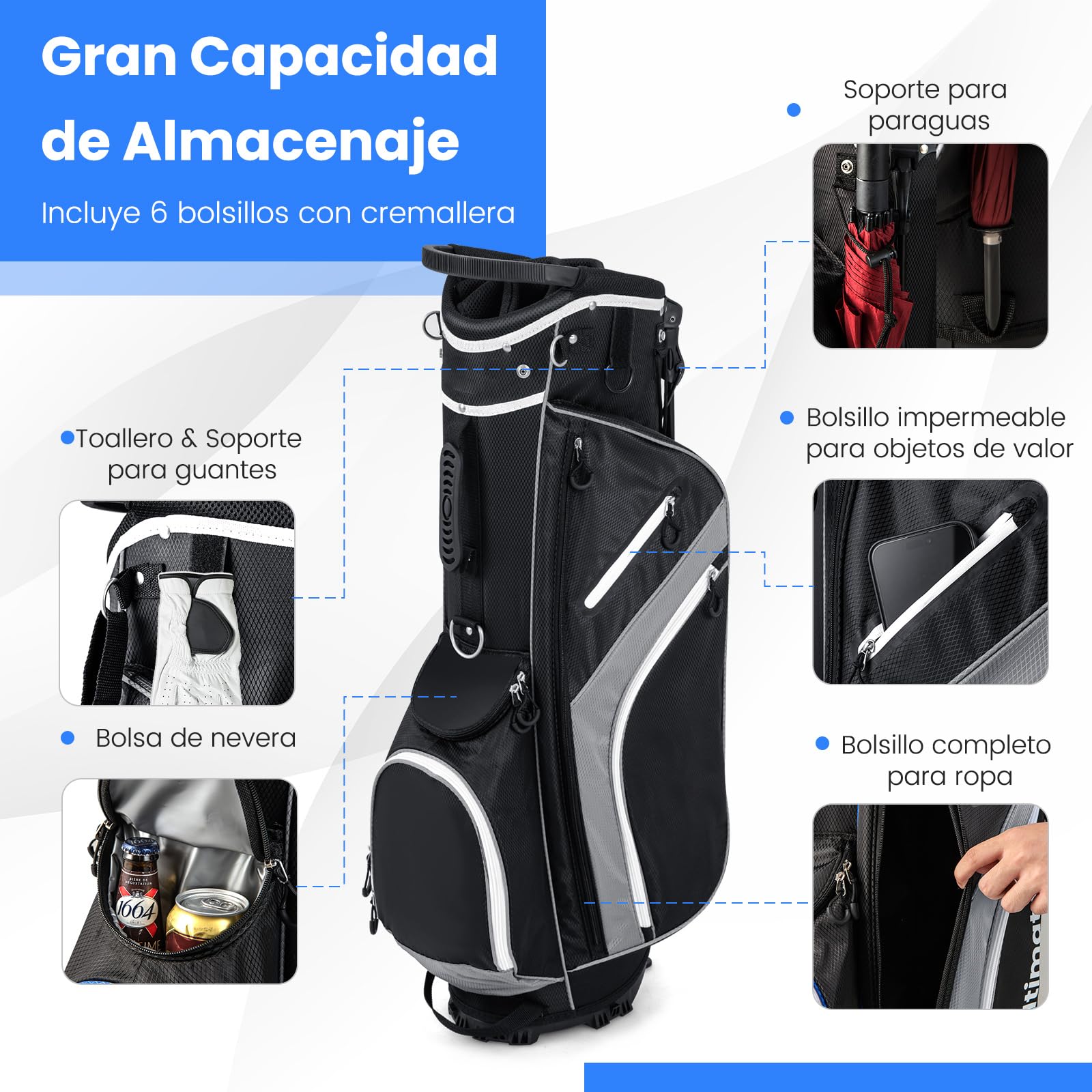 COSTWAY Bolsa Golf 14 Divisores, 6 Bolsillos, Correa Doble, Capucha Lluvia, 2,3 Kg