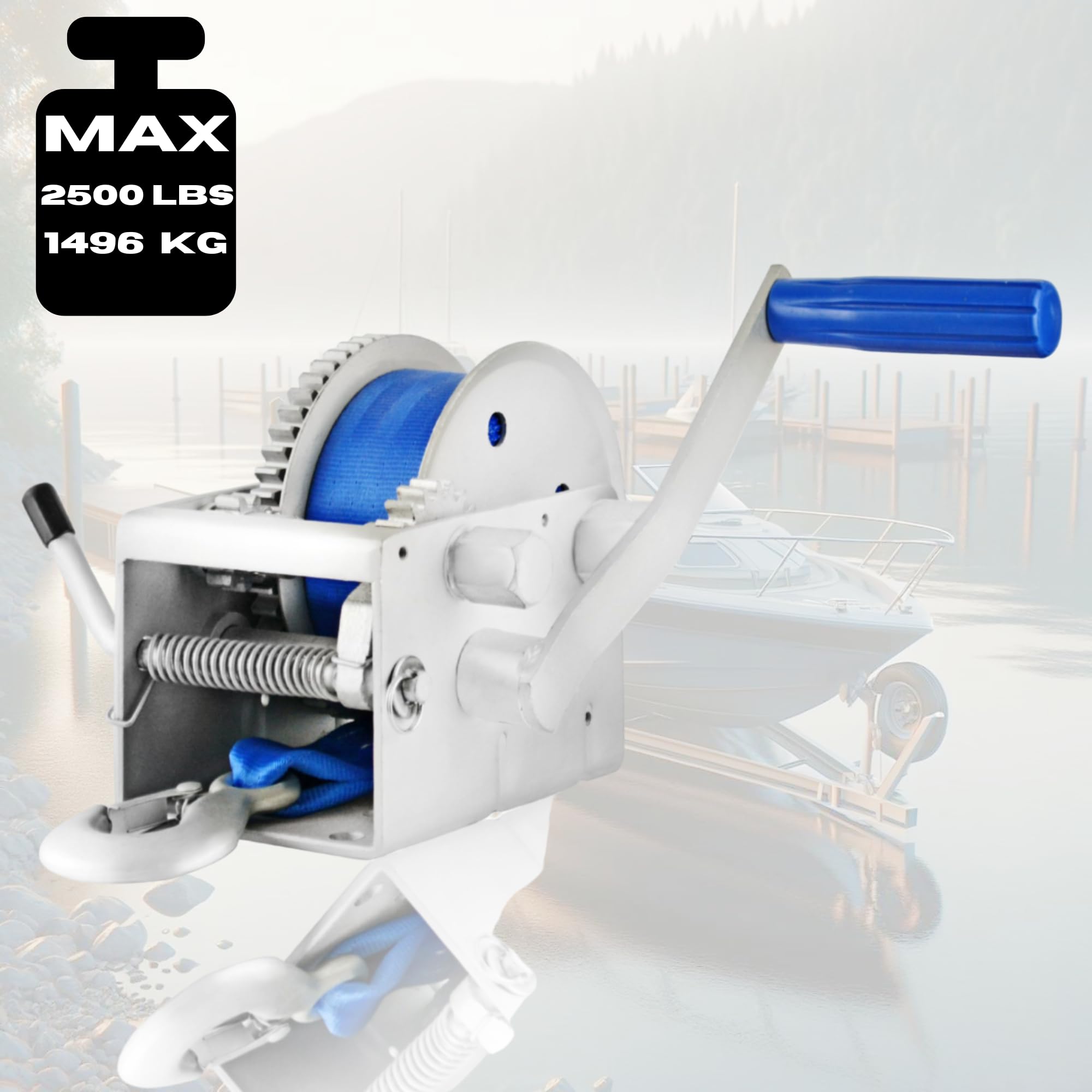 Cabrestante Manual 2500 lbs | 1133 Con Correa De 10 Metros, Fabricado En Acero Inoxidable, Freno de Trinquete, De Simple Efecto, Para Barcos, Remolques, Industria