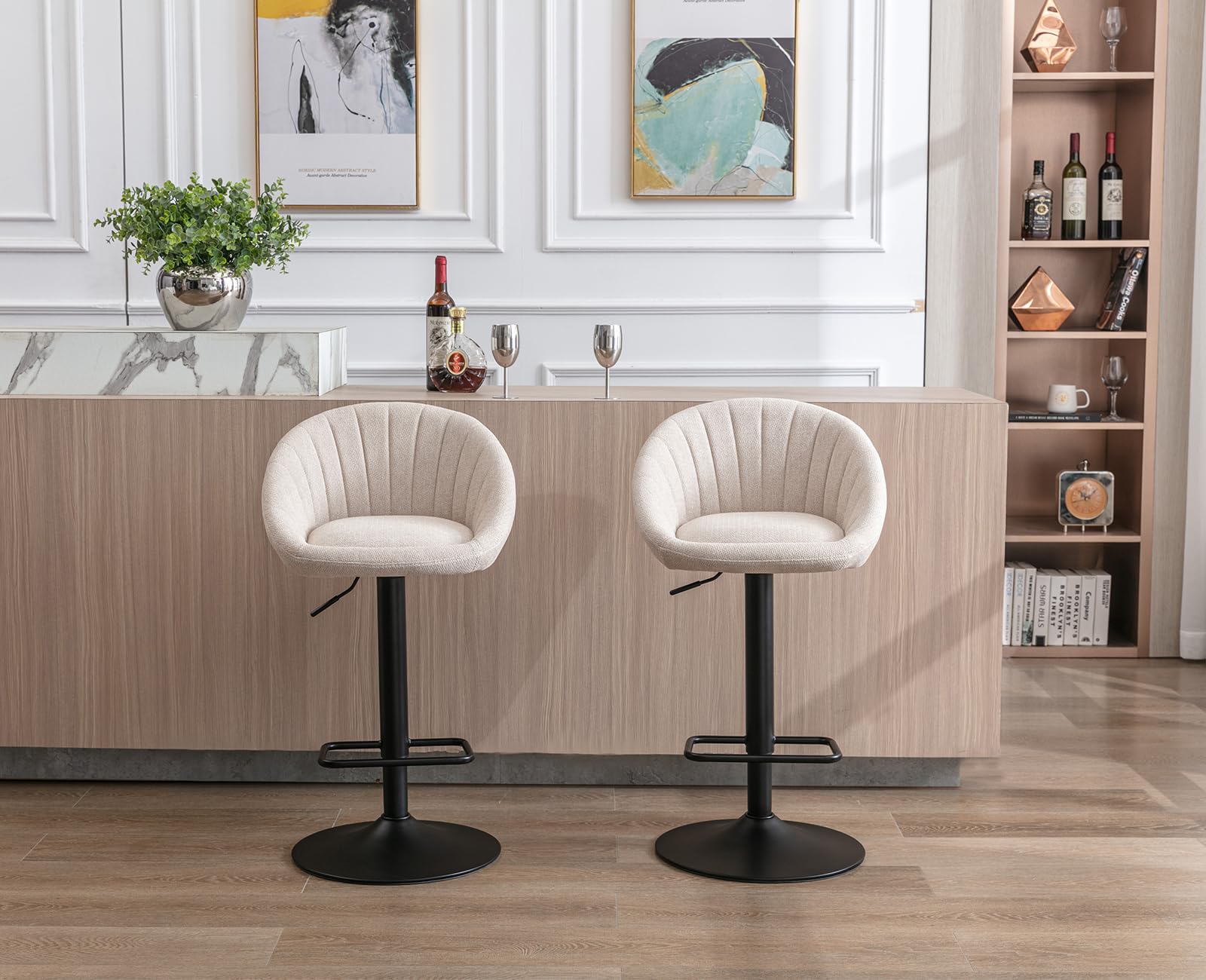 Ya-Home Juego 2 Taburetes de Bar Modernos Taburetes Alto de Cocina con Respaldo,Sillas Bar Giratorios Sillas Altas de Mostrador Regulables para Isla Cocina/Restaurante,Beige