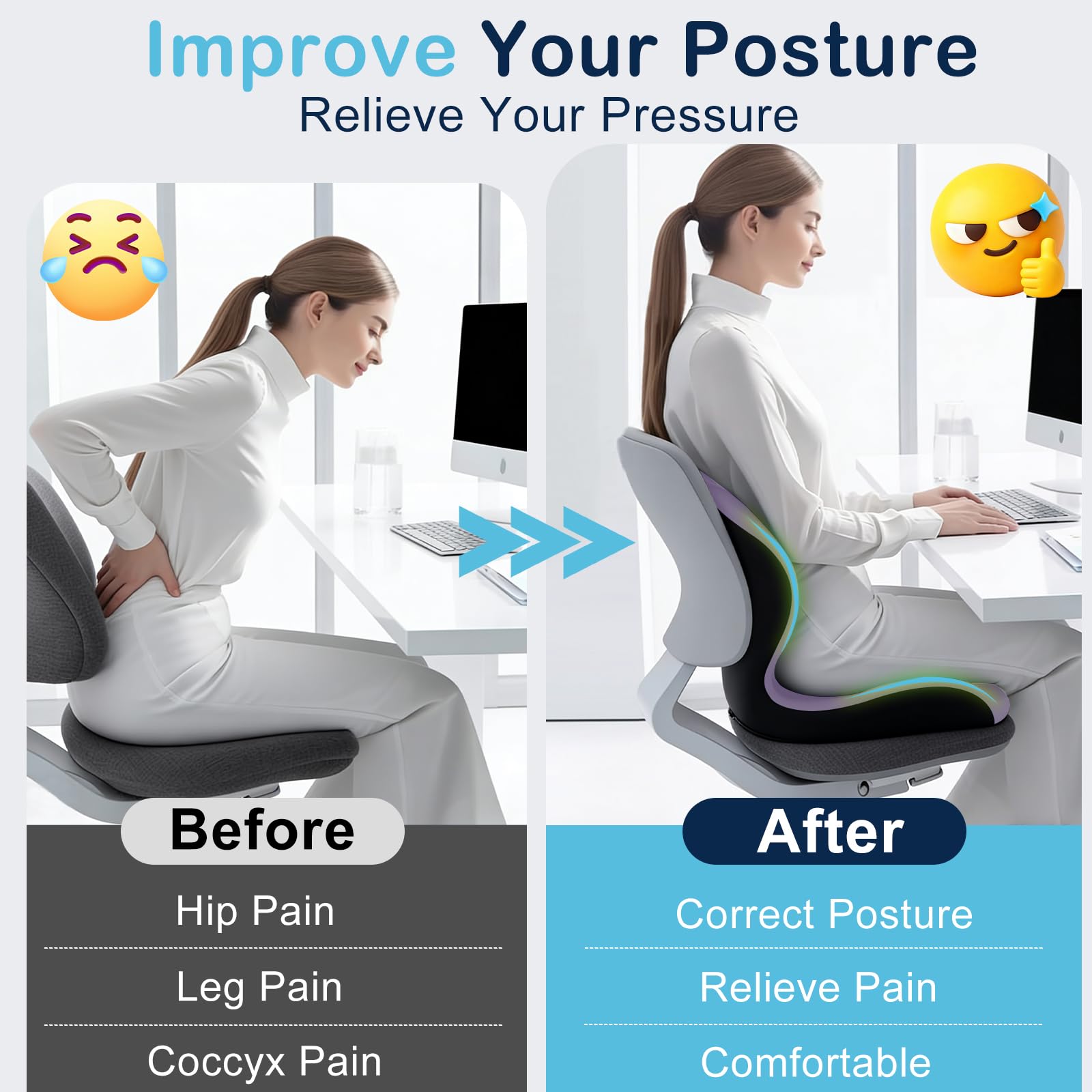 Cojín de asiento para silla de oficina y coche, cojines ergonómicos en forma de L, cojín de espuma viscoelástica, almohada de apoyo lumbar para silla de ruedas, coche, hogar, oficina, color