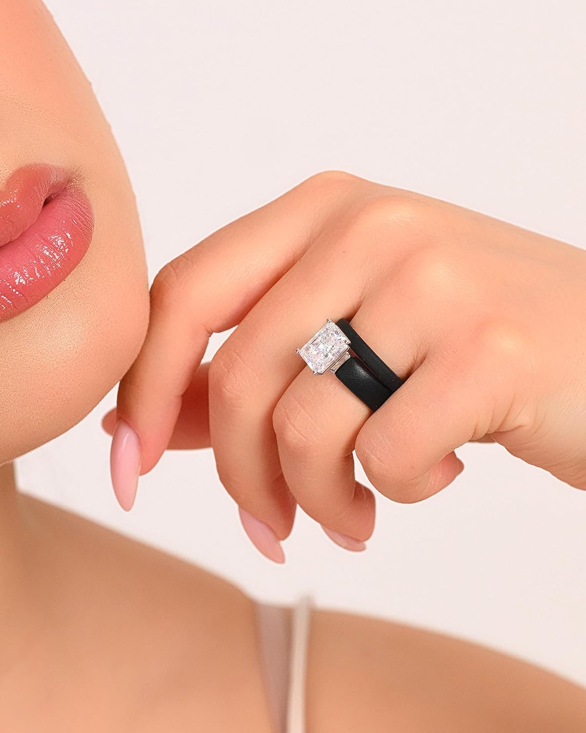 Rinfit Silicone Ring with Stone and Thin Band Set - Emerald Cut Cubic Zirconia Engagement Ring for Women - Rubber Wedding Band - Patented Design