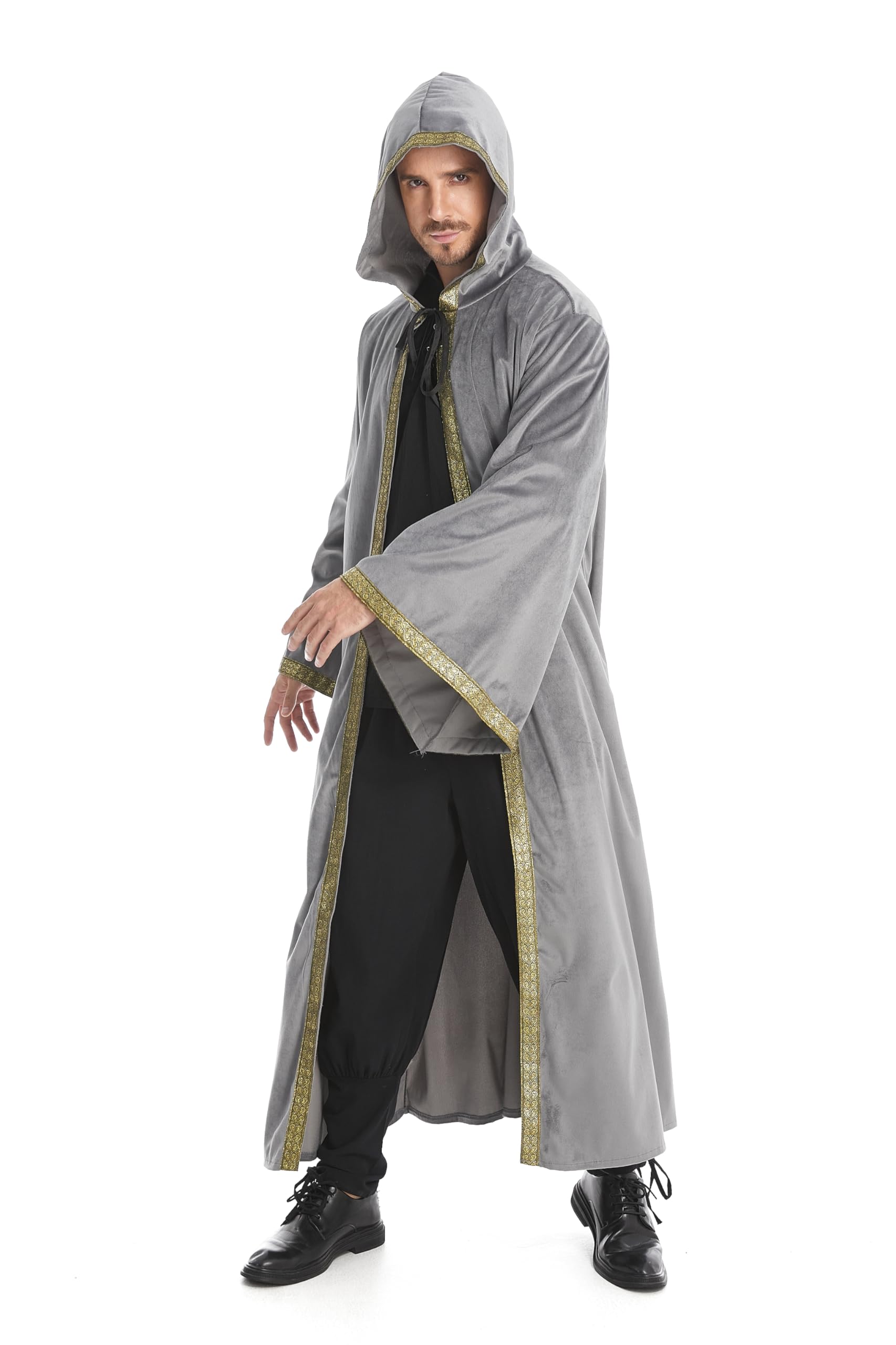 DELIVESS Unisex Velvet Wizard Robe Wizard Cloak Cosplay Renaissance Costume Halloween (59.06",Light Gray) - Image 3