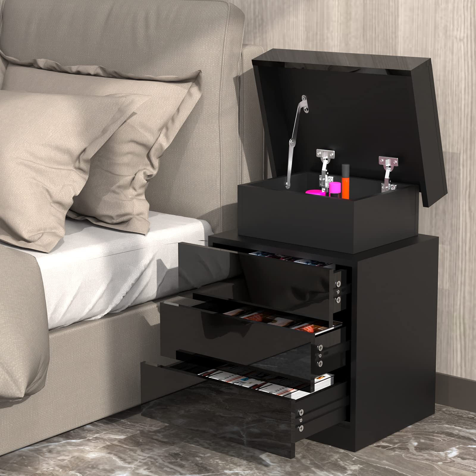 Supfine LED Nachttisch Mit 3 Schubladen & RGB-Beleuchtung – 61 Cm Hoch, Kunstmarmor-Platte, Schwarz