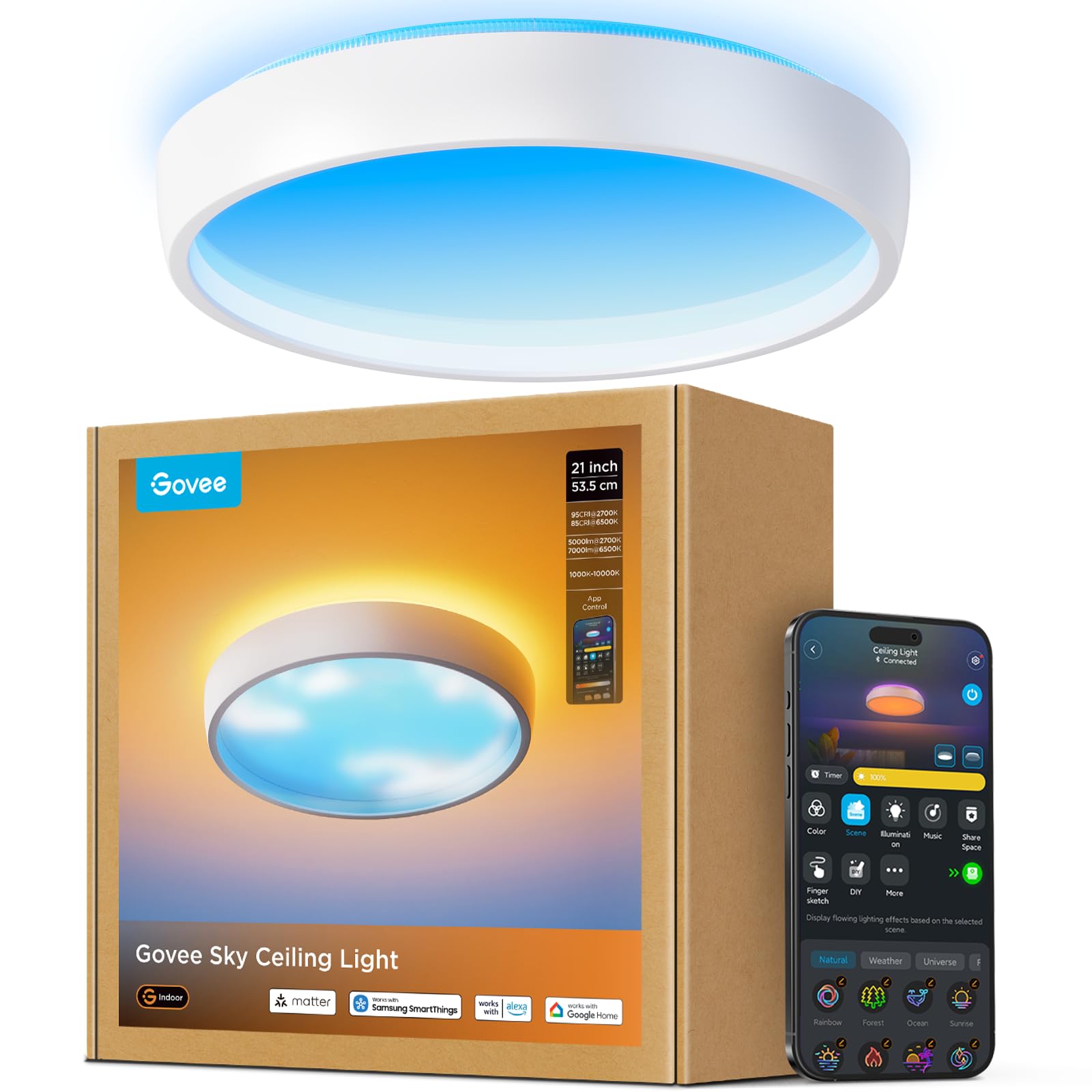 Eye-Care Artificial Skylight for Living Room & Basement, Compatible with Matter & Alexa, RGB & Tunable White 1000K-10000K Govee Sky Ceiling Light 21 Inch, 7000LM Smart Flush Mount Ceiling Light