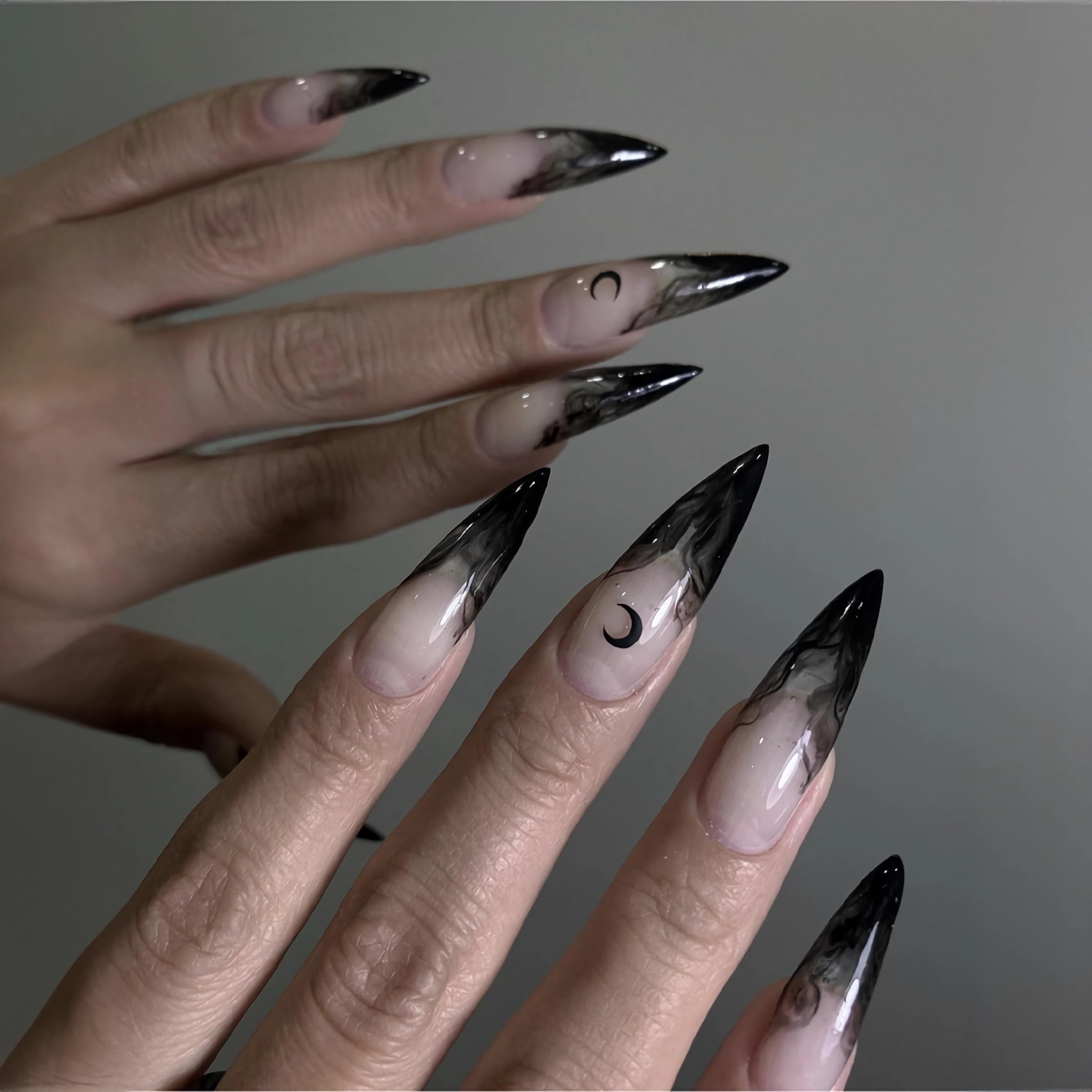 BABALAL Halloween Stiletto Press on Nails Long Fake Nails Black French Glue on Nails Moon Goth Acrylic Nails 24Pcs Almond False Nails for Women and