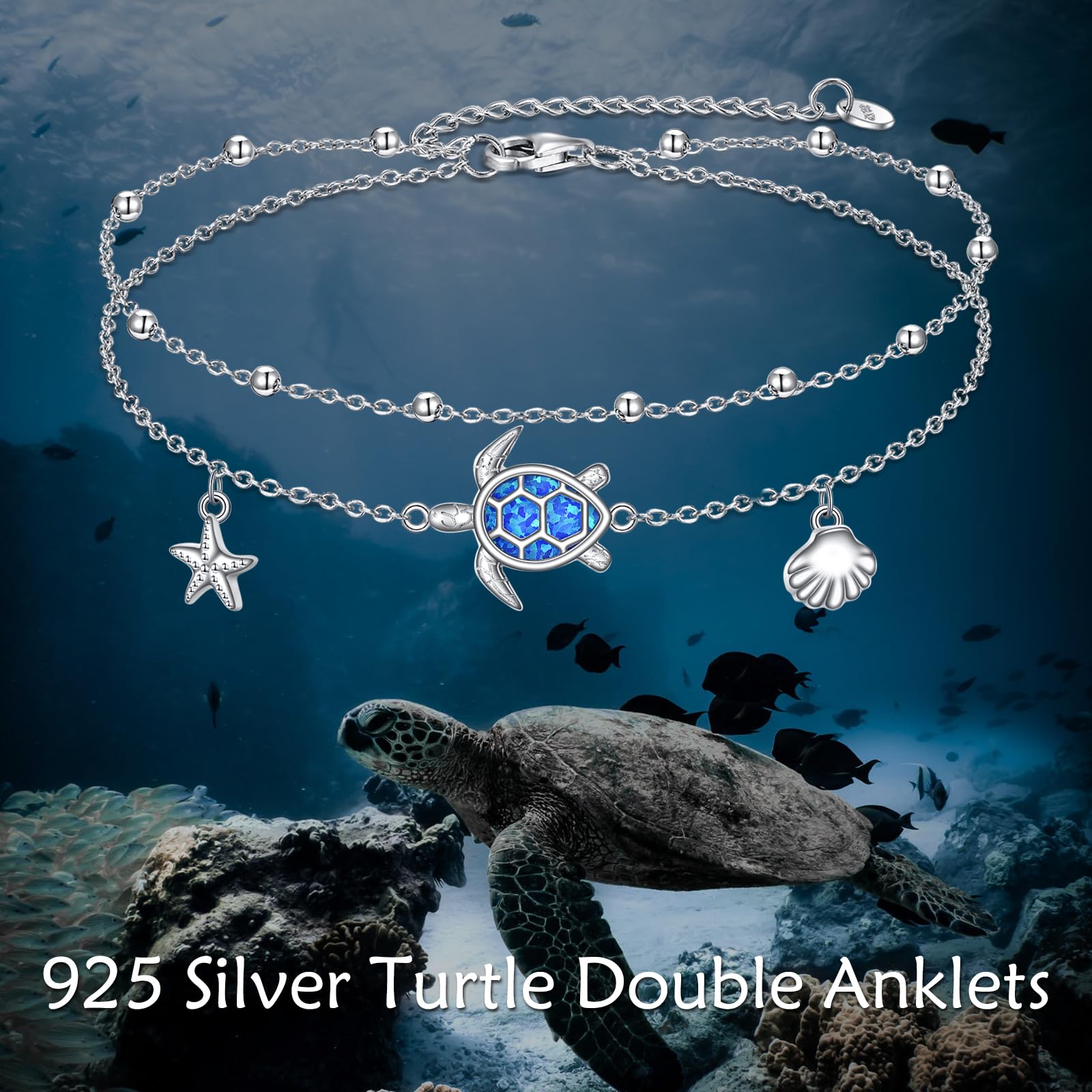 DAYLINLOVE Tobillera de tortuga de plata de ley 925 con estrella de mar, concha de mar, pulsera de tobillo ajustable para mujer, 9+2, Plata de ley, No es una piedra preciosa