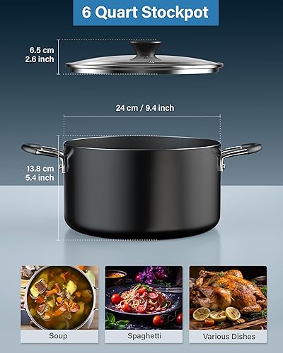 Miniatura 2 de Cook N Home Olla antiadherente con tapa de 6 cuartos de galón, olla profesional de cocina profunda con tapa de vidrio, color negro