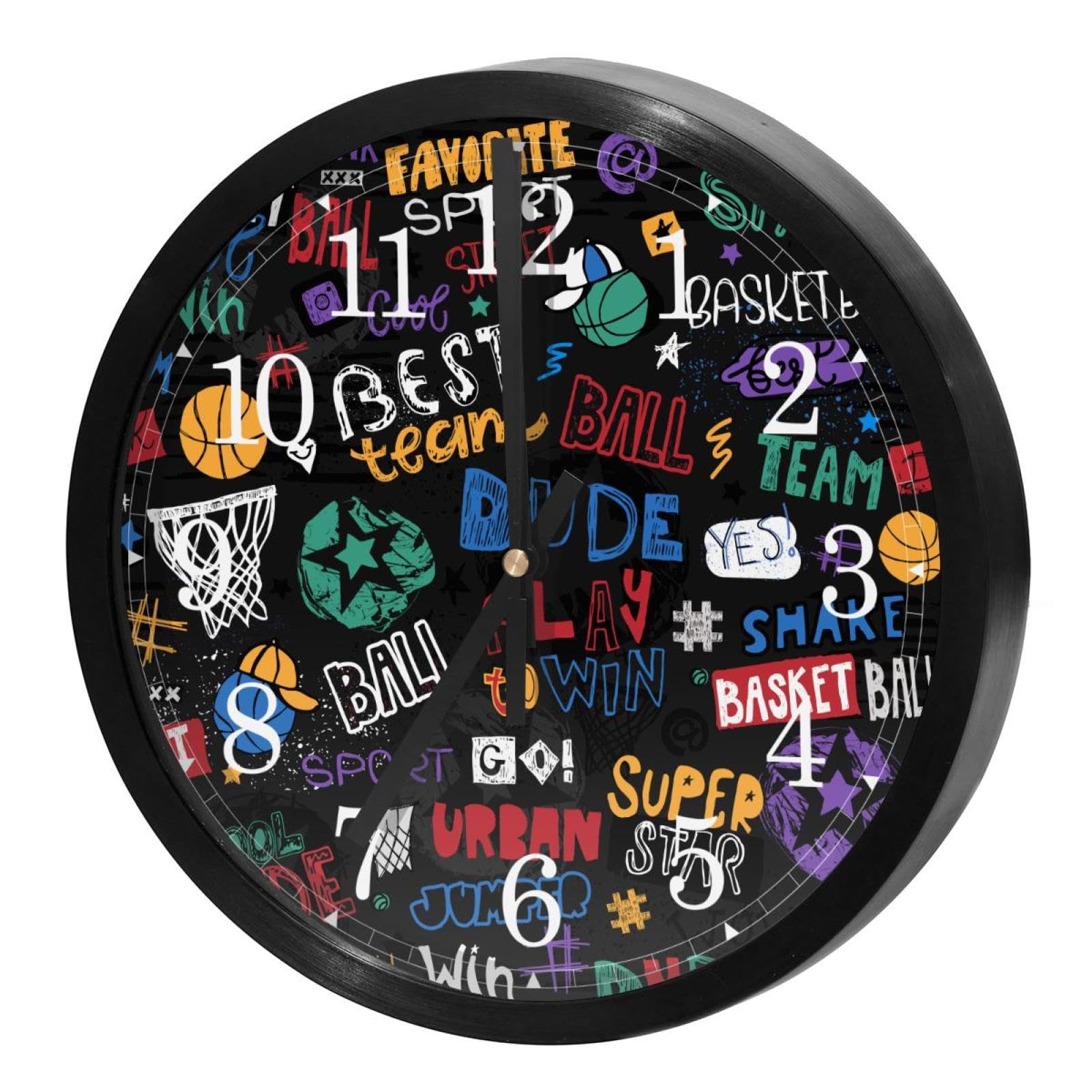 Horloge murale silencieuse ronde avec motif graffiti basket dynamique