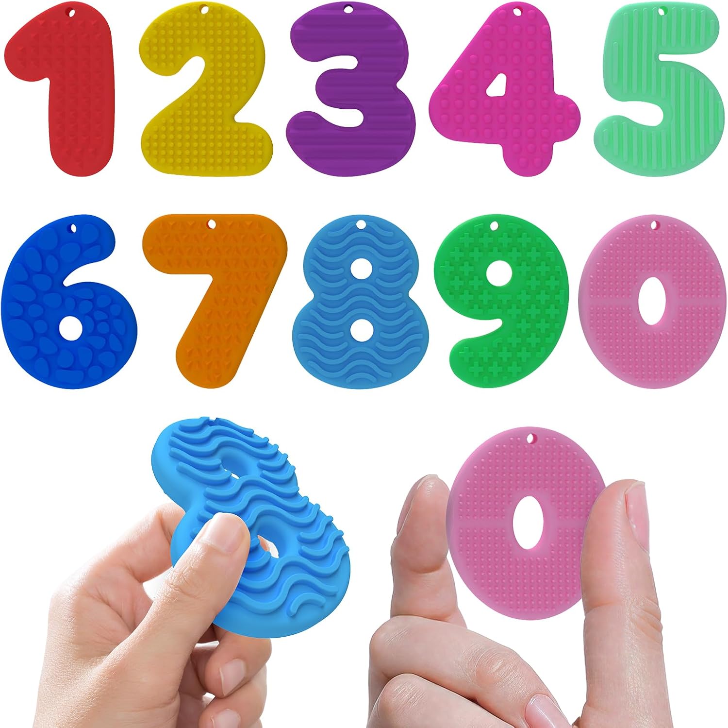 10 Pieces Silicone Number Toys for Kids 3+, Tactile Counting Stones with Keychains, Educational Backpack Charms, Quiet Sensory Travel Accessories for Flights & Car Rides