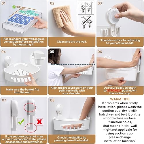 Miniatura 4 de LEVERLOC Organizador de ducha de esquina con ventosa, ventosa para estantes de ducha, paquete de 2 cestas de baño potente, organizador impermeable y