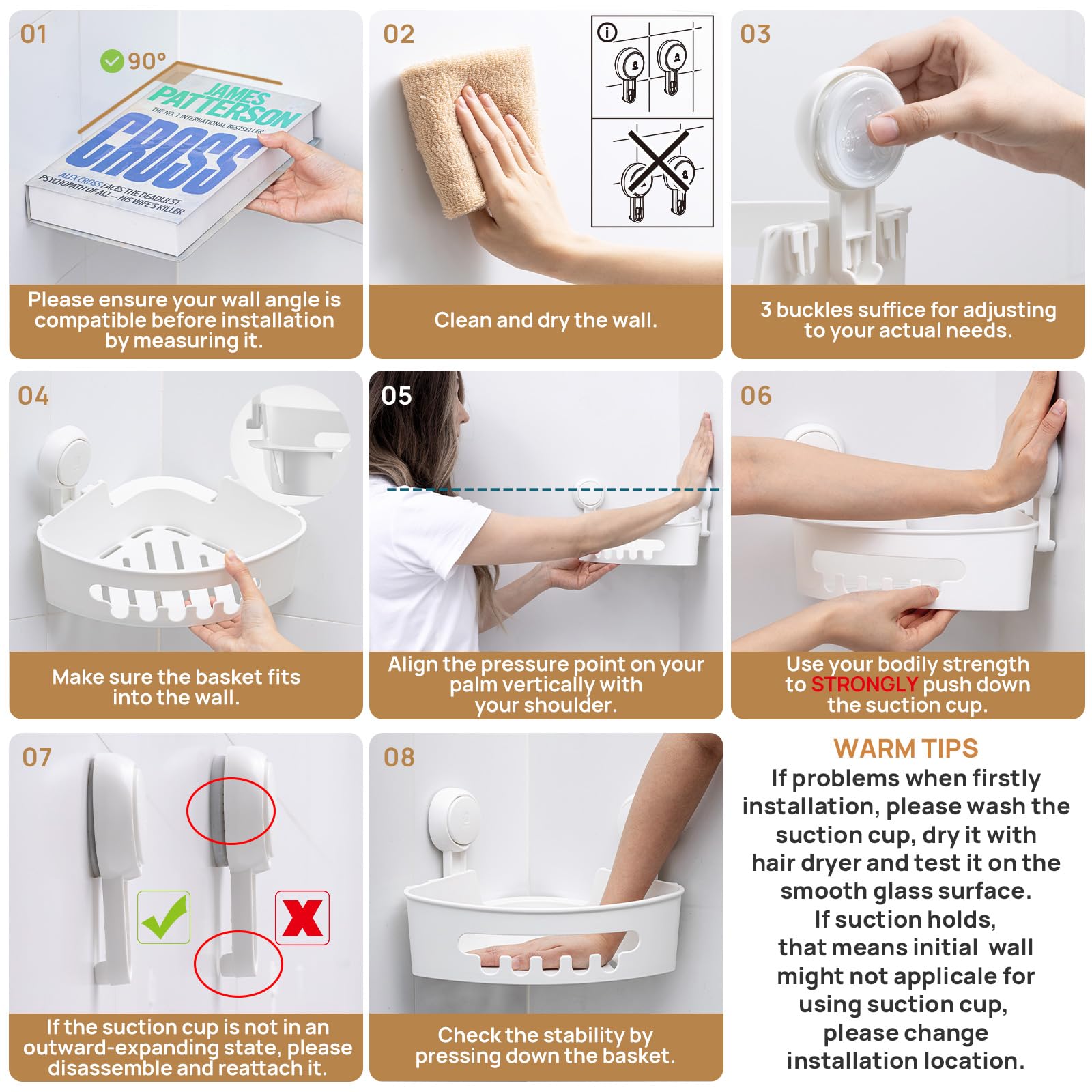 LEVERLOC Suction Shower Caddy Corner Shower Shelf No Drilling Bathroom Storage Removable Waterproof Bathroom Caddy Storage Organizer for Room Kitchen Toilet Tiles Accessories White+clear - Image 4