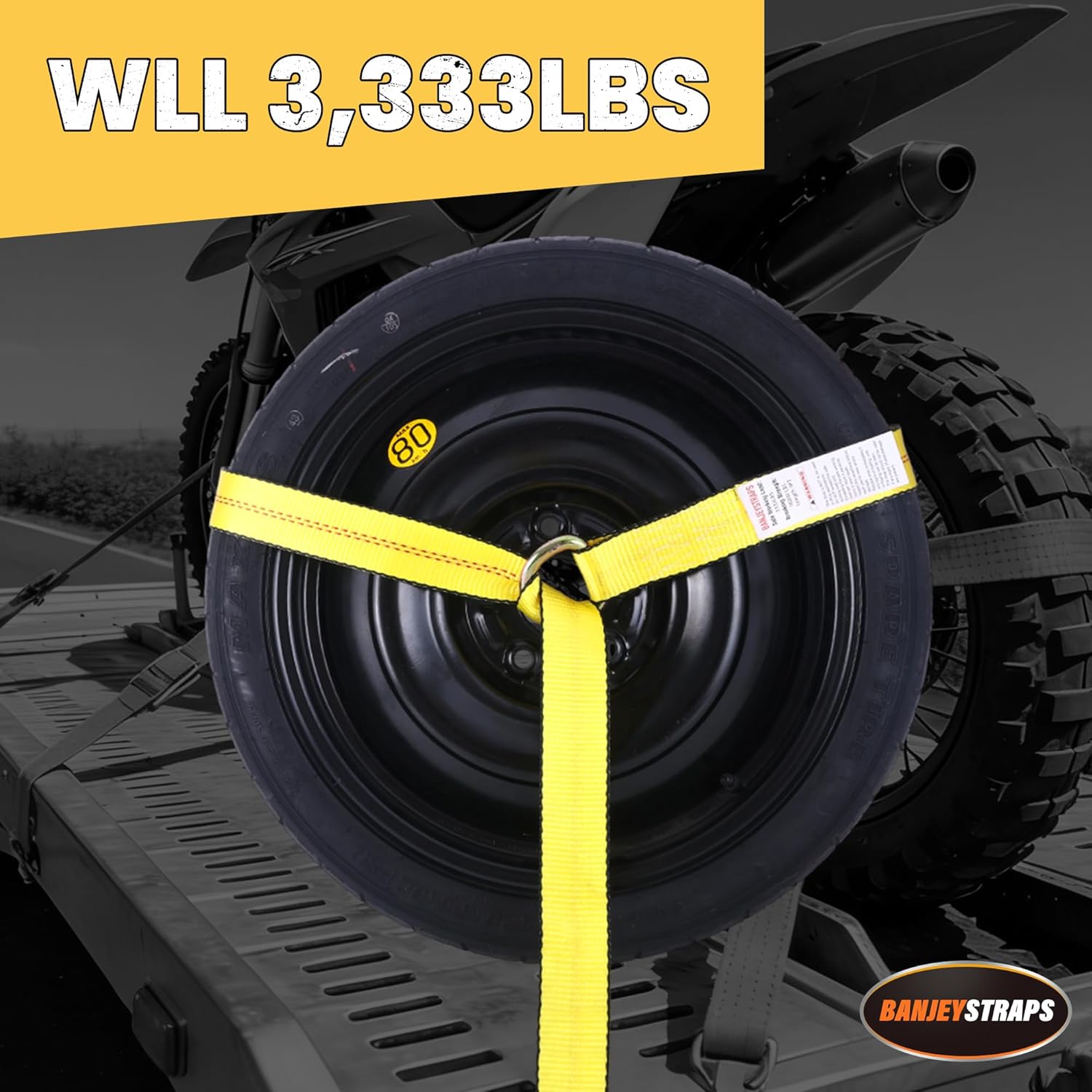 Yellow 2" x 10 FT Lasso Wheel Straps (4-Pack) - High Visibility No-Wrap Tie Downs for UTV/ATV Trailers, 10,000 lbs Break Strength with Flat Hooks, Easy Securing for SUVs & Off-Road Vehicles