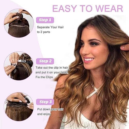 Miniatura 8 de Smartinnov Extensiones de cabello humano real con pinzas, una postizo balayage, color marrón chocolate a rubio miel, 2.32 onzas, 16 pulgadas, en