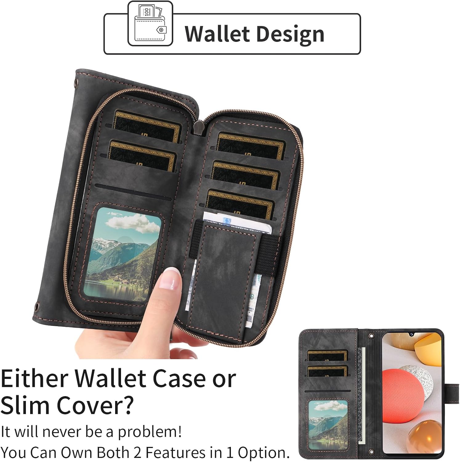 Phone Case for Samsung Galaxy A42 5G Wallet Cell Cover with Tempered Glass Screen Protector Crossbody Lanyard Strap Flip Stand Zipper Purse Card Holder Slot A 42 G5 42A S42 4G 2021 Women Men Black