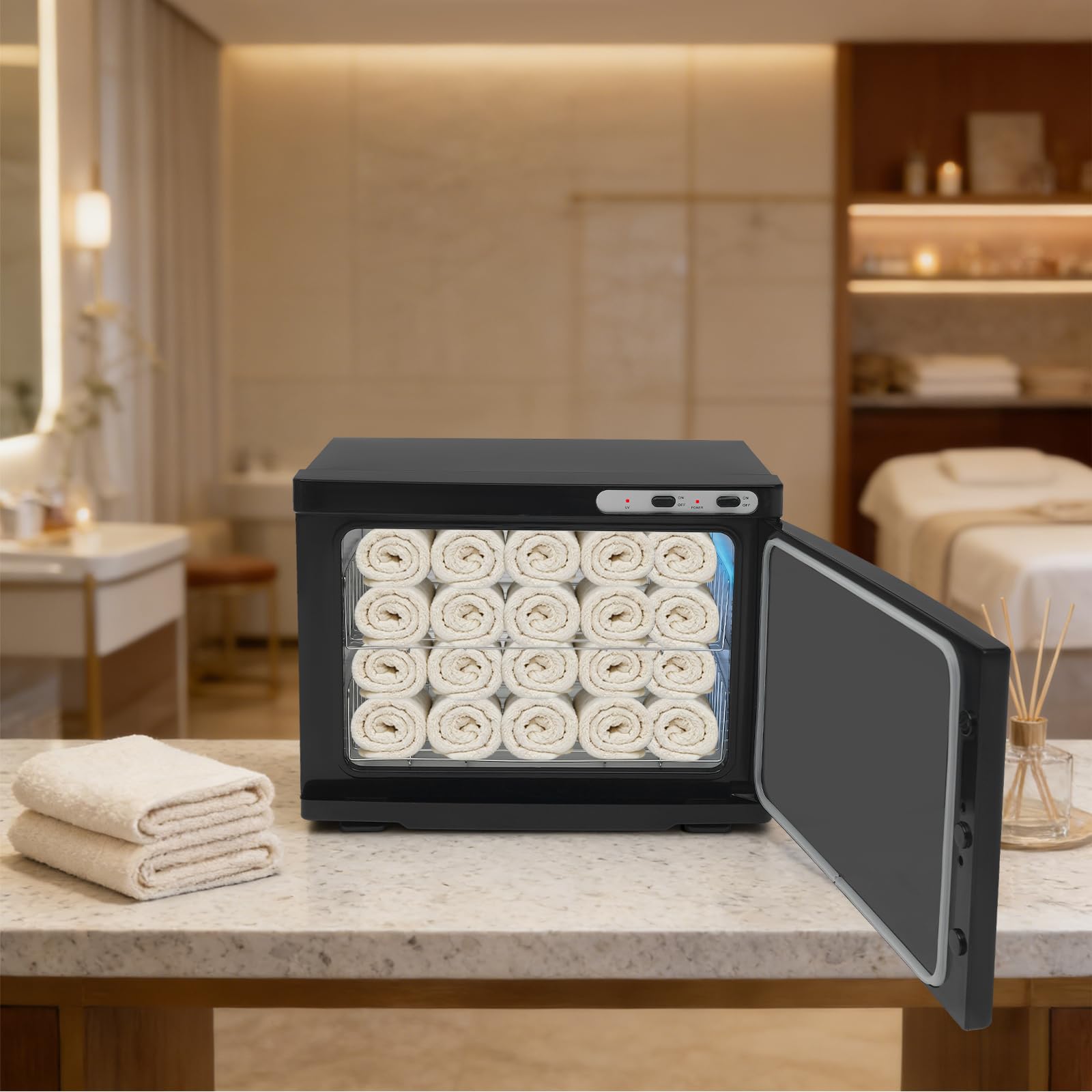 Calentador de toallas 2 en 1 con desinfección, 23 L, color negro | Calefacción y desinfección, 80℃, con colector de agua, calentador de toallas para casas, salones de belleza y spas