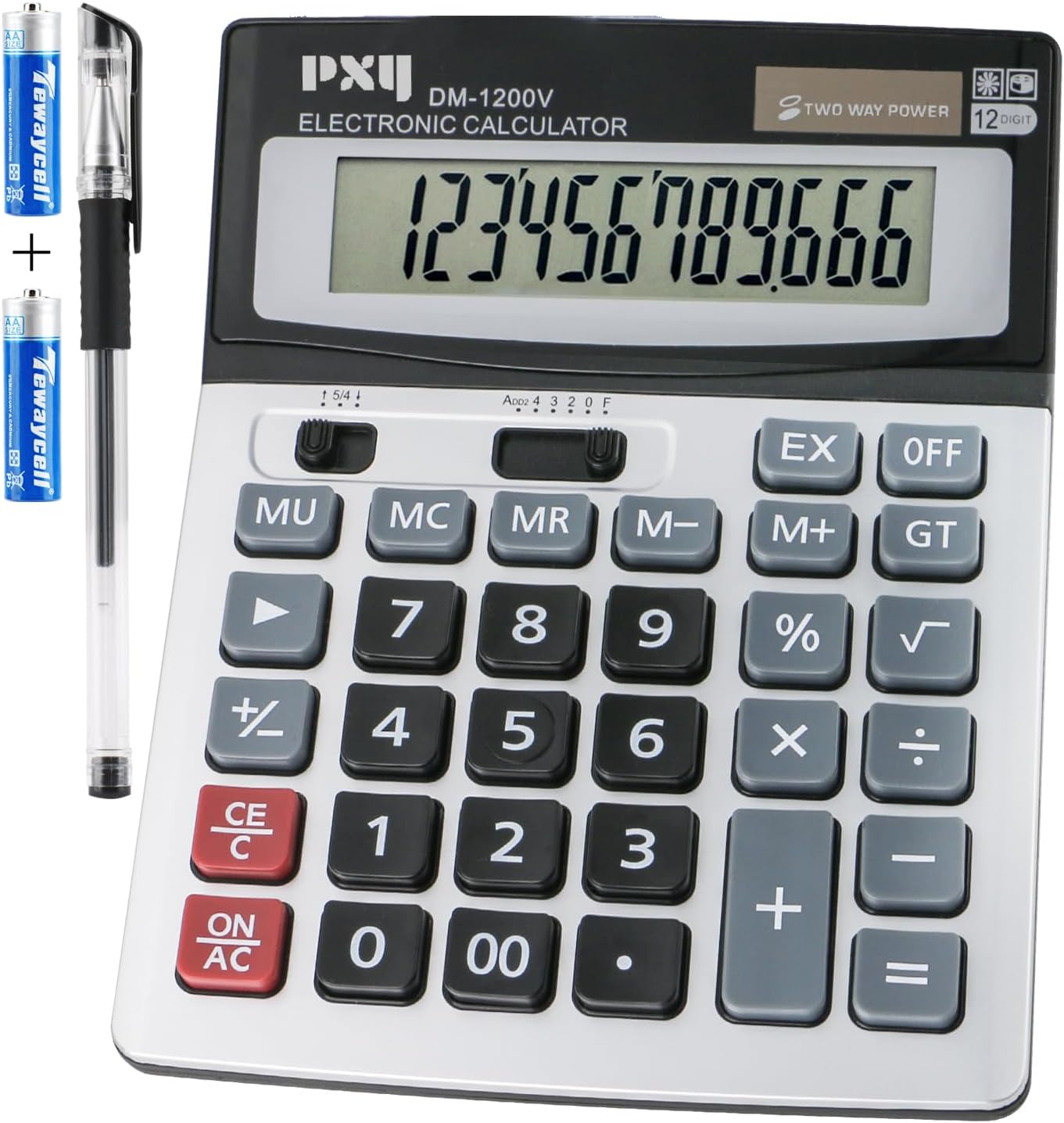 Desk Calculator 12 Digit Extra Large LCD Display, Touch Comfortable with Big Buttons, PXY Two Way Power Battery and Solar Standard Function Office Calculators