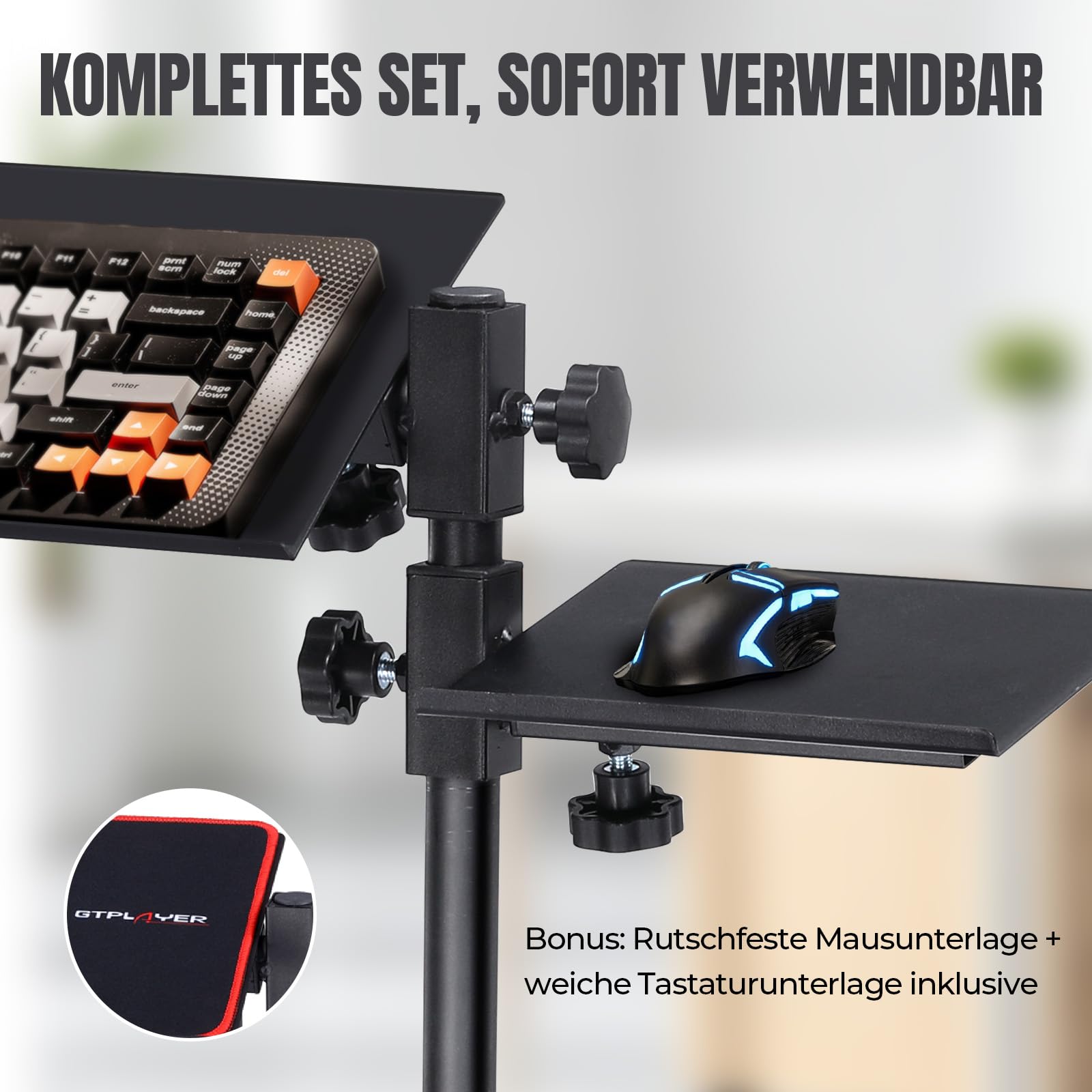 GTPLAYER Tastatur Maushalterung höhenverstellbar 58-83cm, Ergonomisch Tastatur- und Mausneigung einstellbar, mit Rollen,inkl. Tastaturpad & Mauspad – für Home Office & Gaming