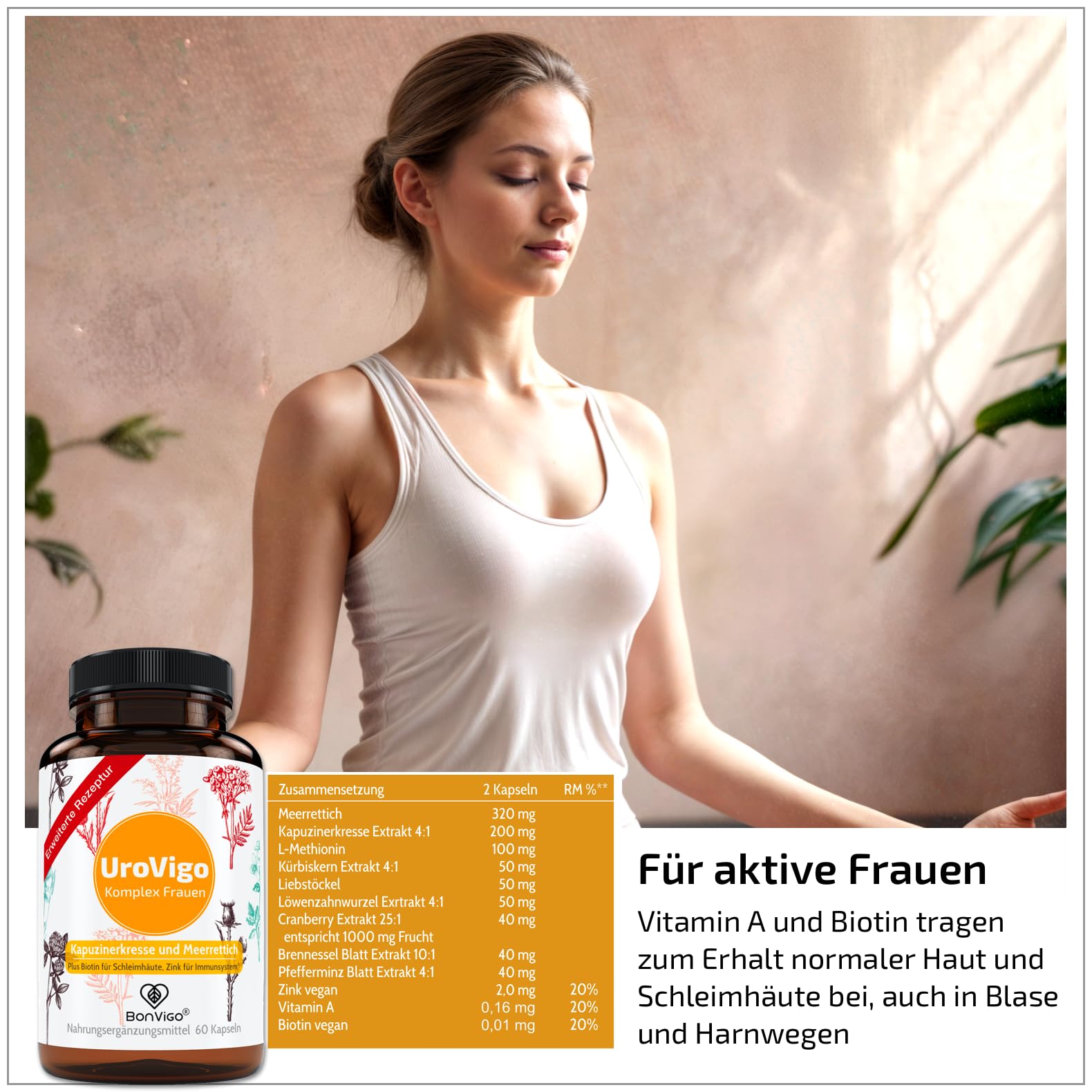 UroVigo FÜR DIE FRAU - Biotin & Vitamin A unterstützen Schleimhäute, Zink das Immunsystem - 8 Pflanzen-Komplex mit Kapuzinerkresse Meerrettich Cranberry Liebstöckel - Mit L-Methionin - 60 Kapseln