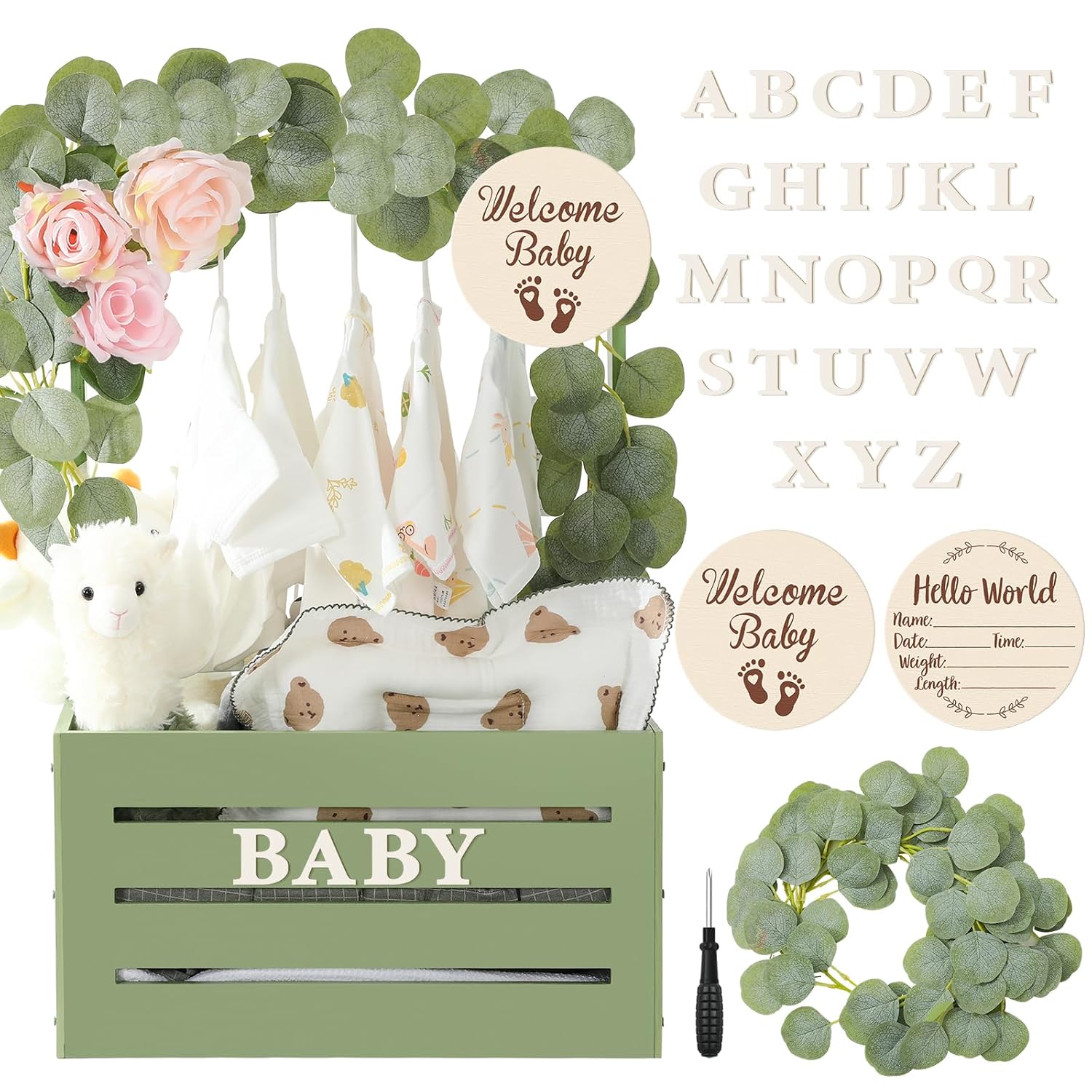 JarThenaAMCS Wooden Baby Shower Crate Closet Sage Green Welcome Baby Gift Basket with Handles Baby Storage Wood Crate for Newborn Boys Girls New Parents
