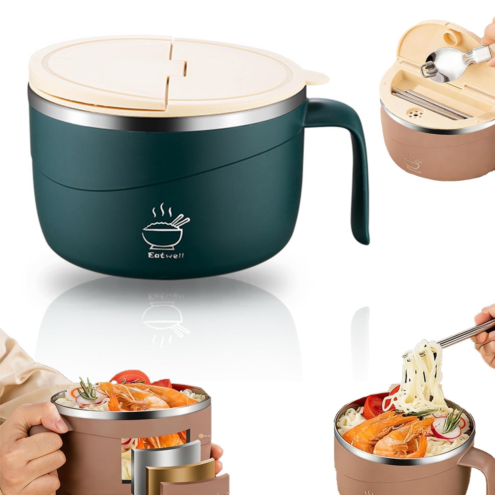 304 Stainless Steel Instant Noodle Bowl with Lid, 1200ML Double-Layer Thermal Insulation Instant Noodle Bowl, Heat Resistant Soup Bowl with Handles, Spoon & Chopsticks, Lunch Box for Kitchen (Green)