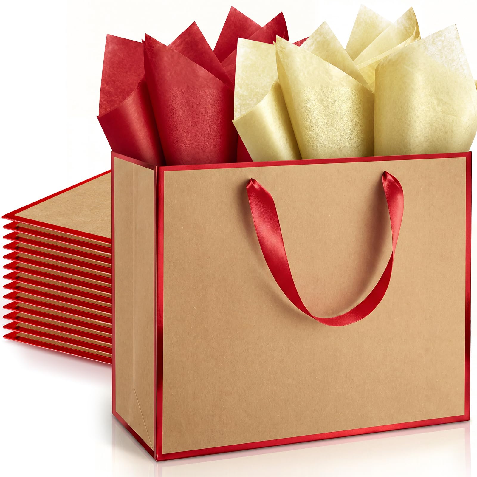 ReliThick 12 Pack Paper Gift Bag with Handles & Tissue, Kraft, Red