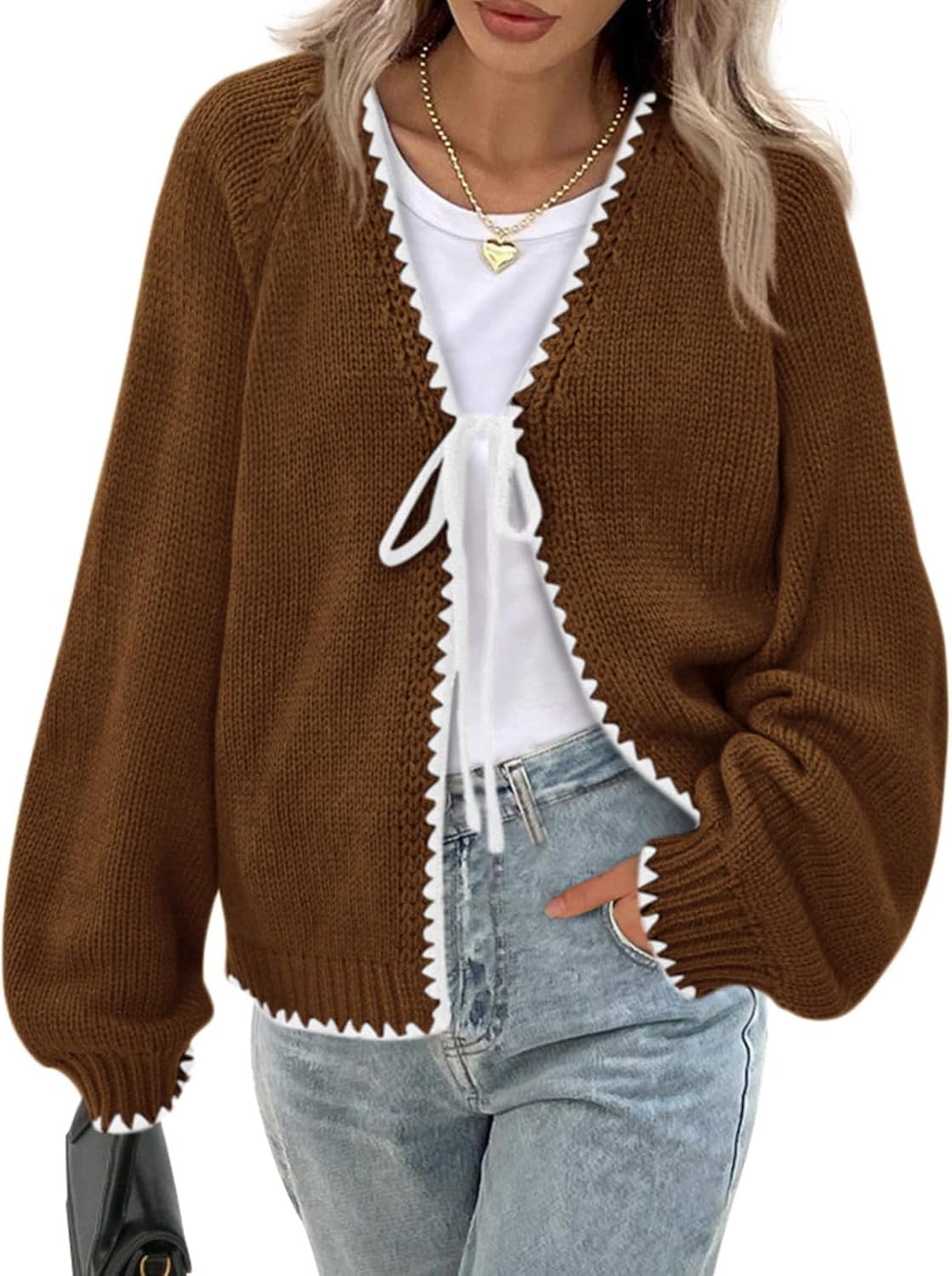 PRETTYGARDEN Womens Fall Cardigan Sweaters 2026 Long Sleeve Open Front Tie Knit Loose Cute Lightweight Sweater